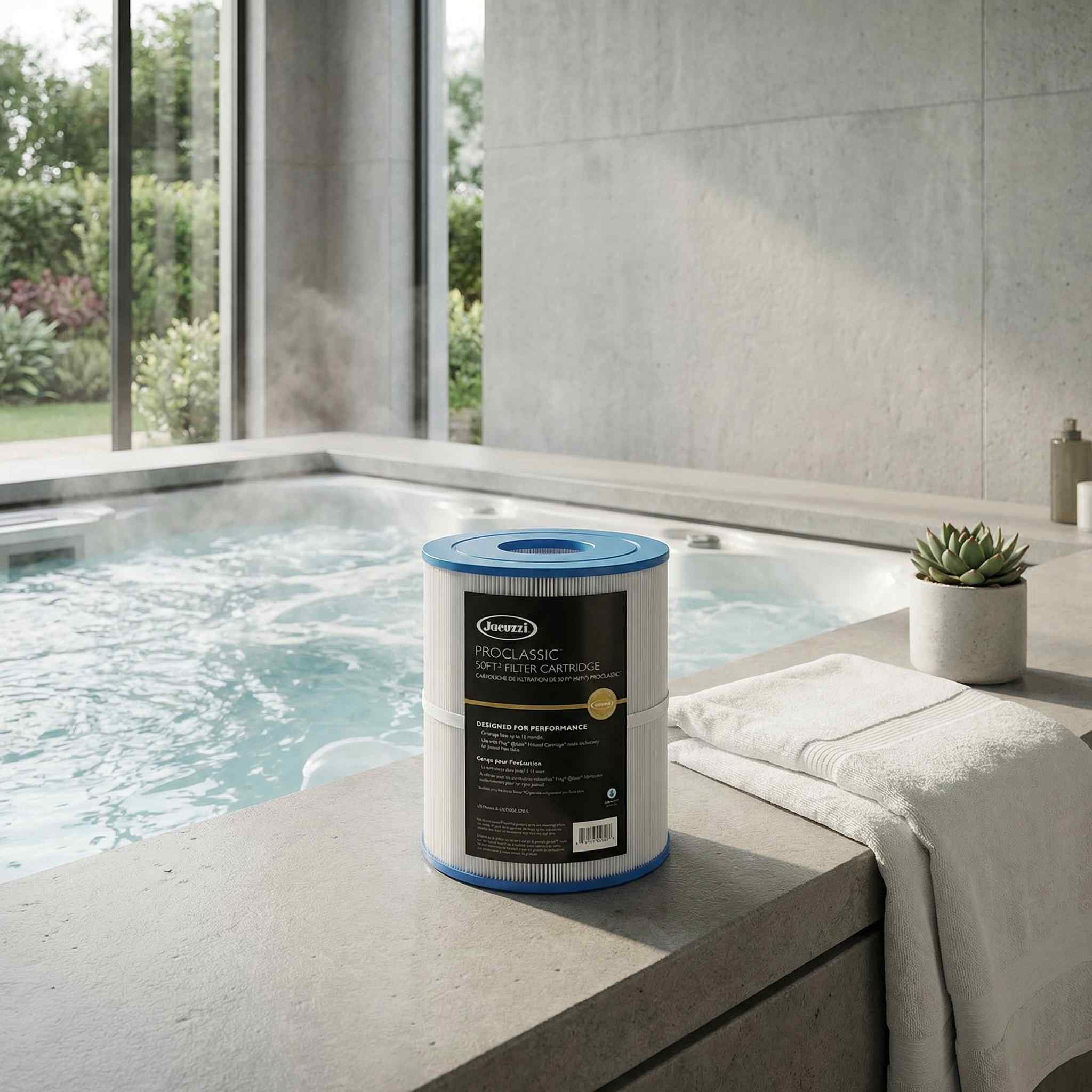 Jacuzzi proclassic container on a ledge with a pool and garden view