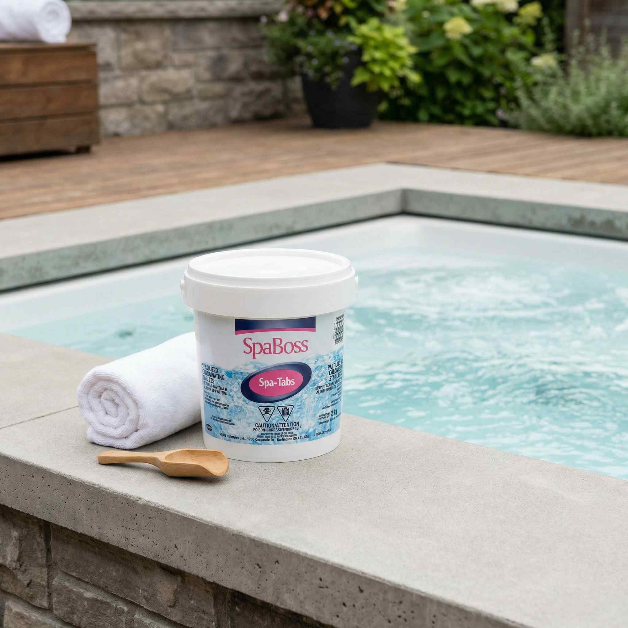 SpaBoSS product container with a towel and wooden scoop on a poolside ledge.