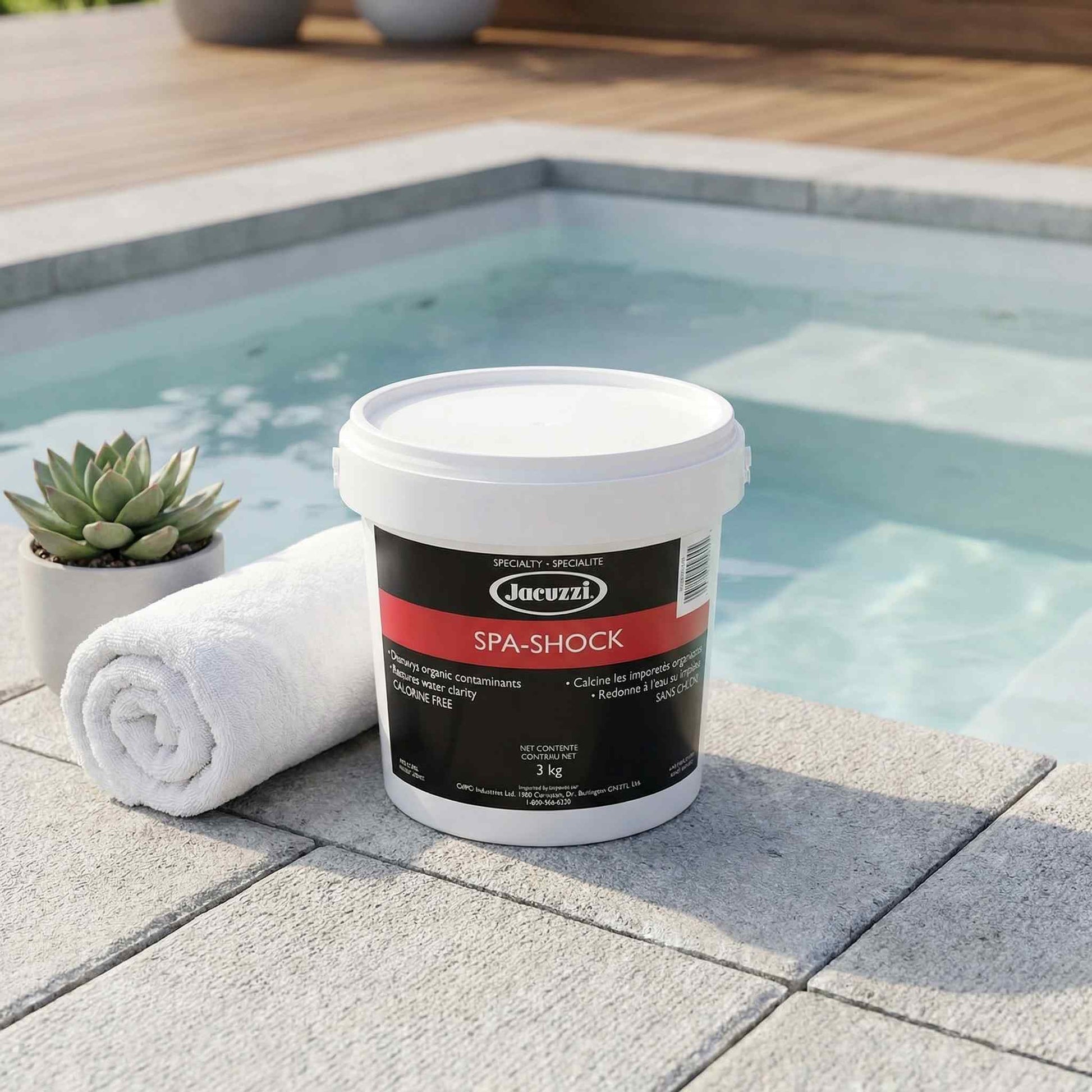 Jacuzzi Spa-Shock container on a patio next to a pool
