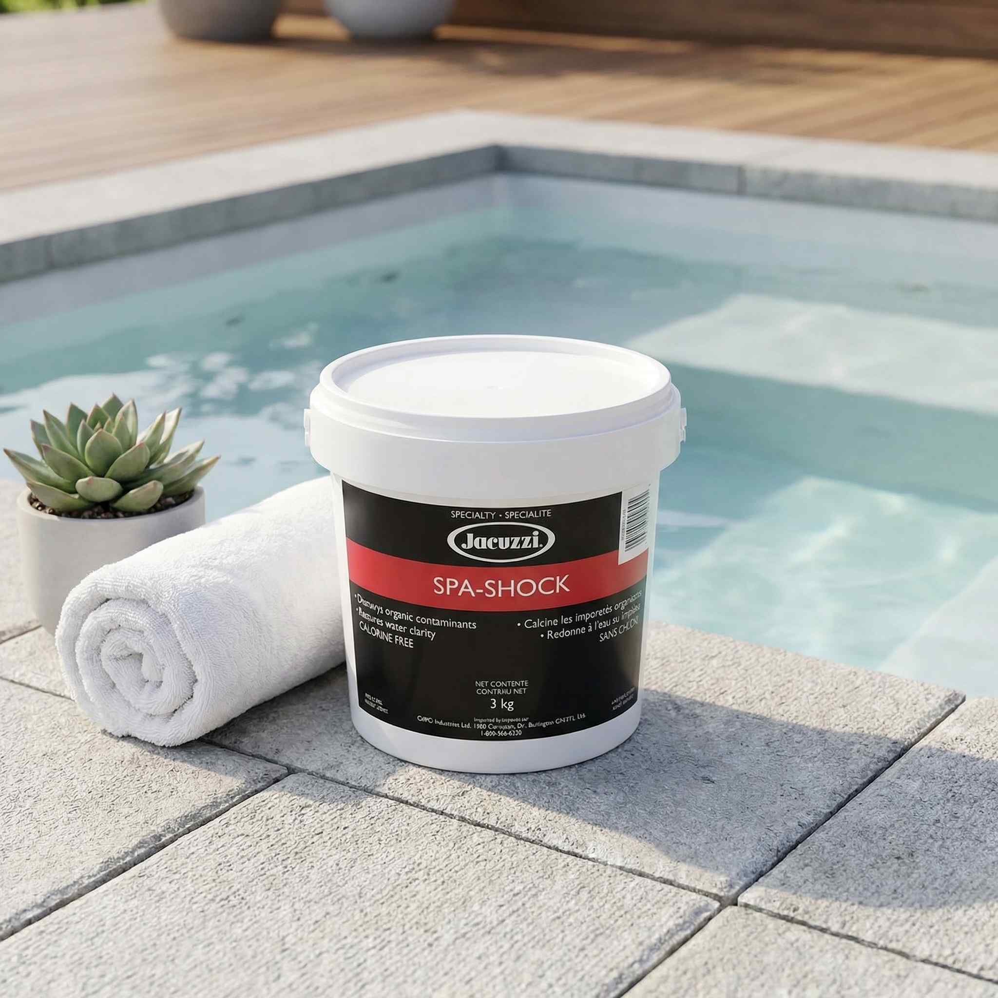 Jacuzzi Spa-Shock container on a patio next to a pool