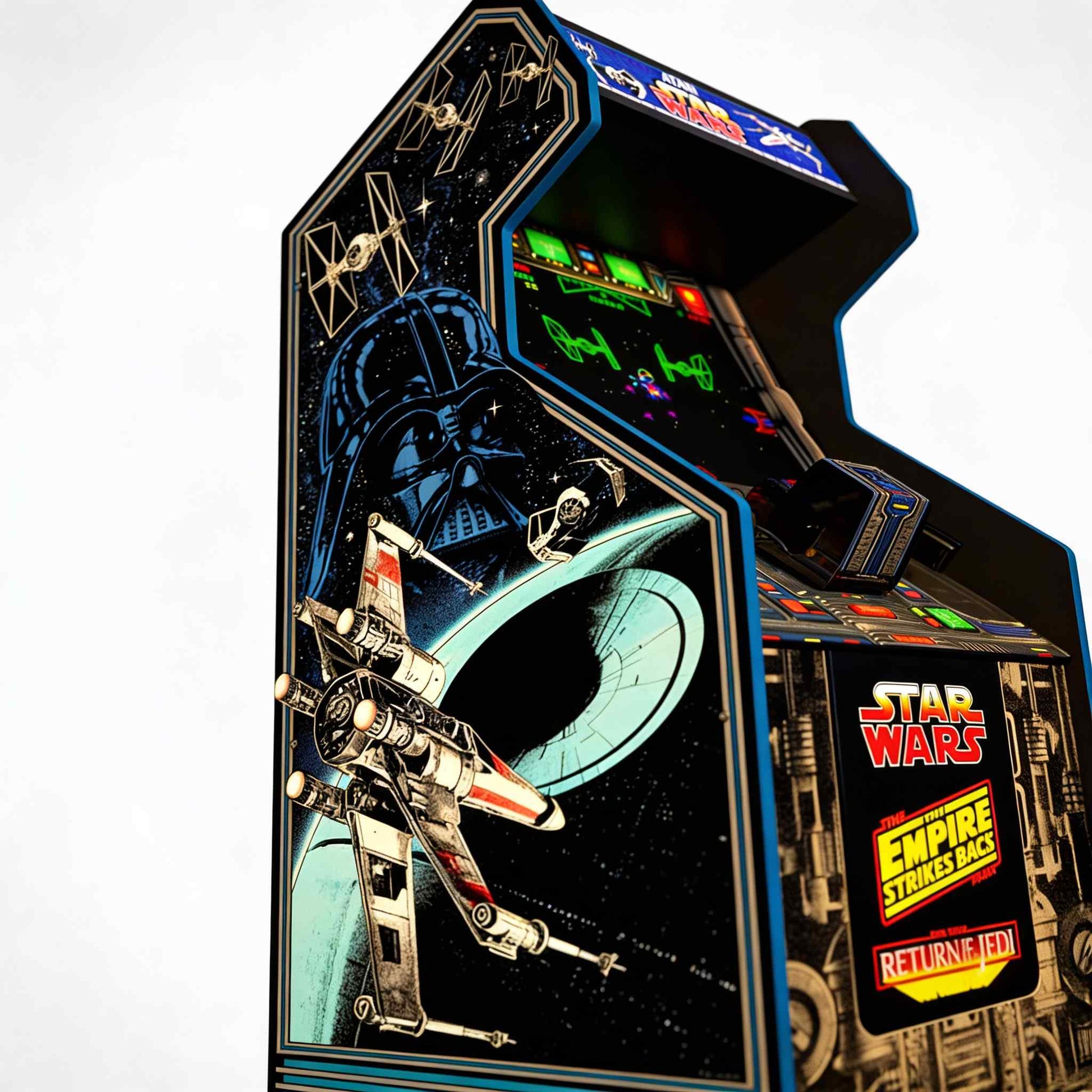 Star Wars-themed arcade machine with character and vehicle illustrations on a white background