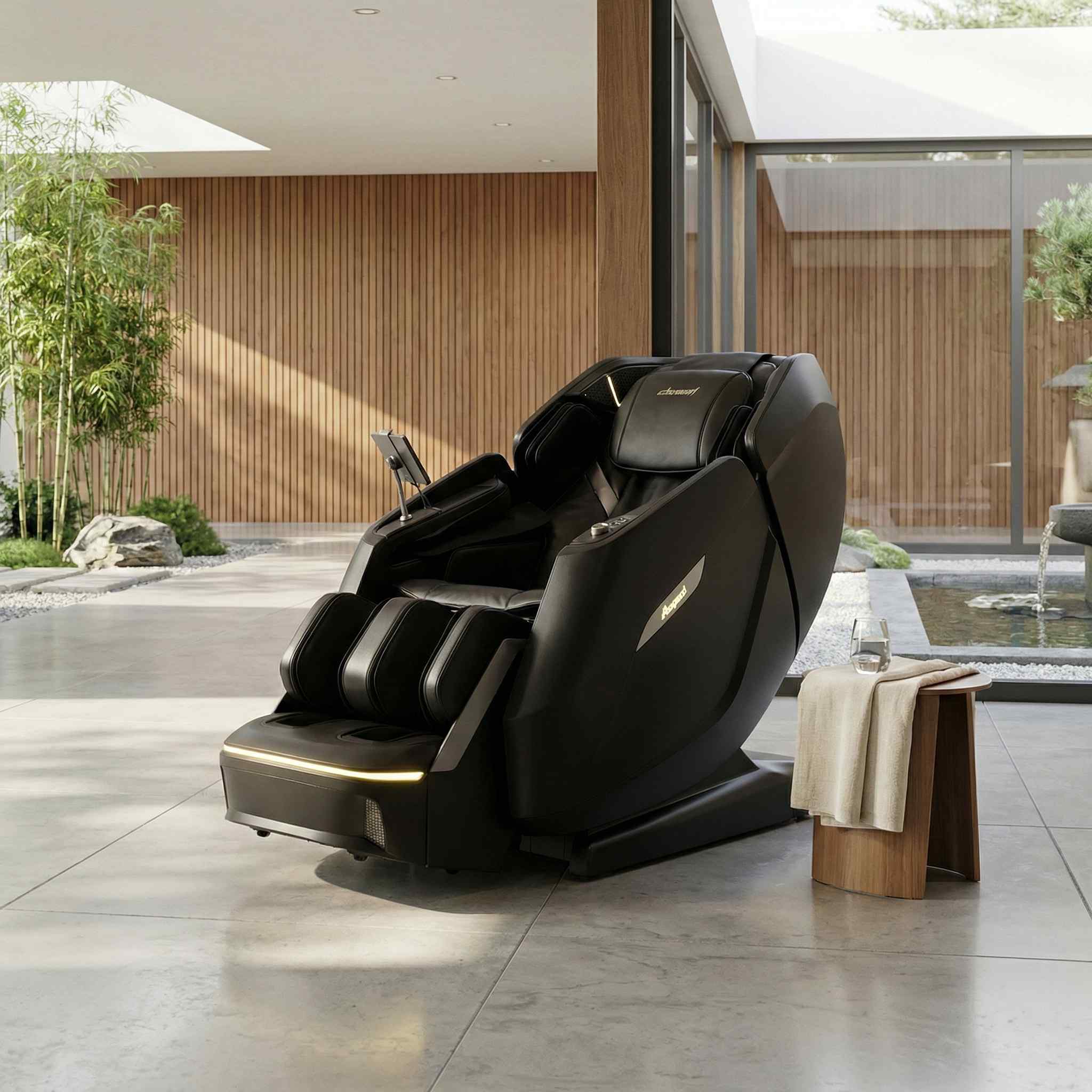 JPro704XR massage chair displayed in a luxury zen room with wooden slat wall panels