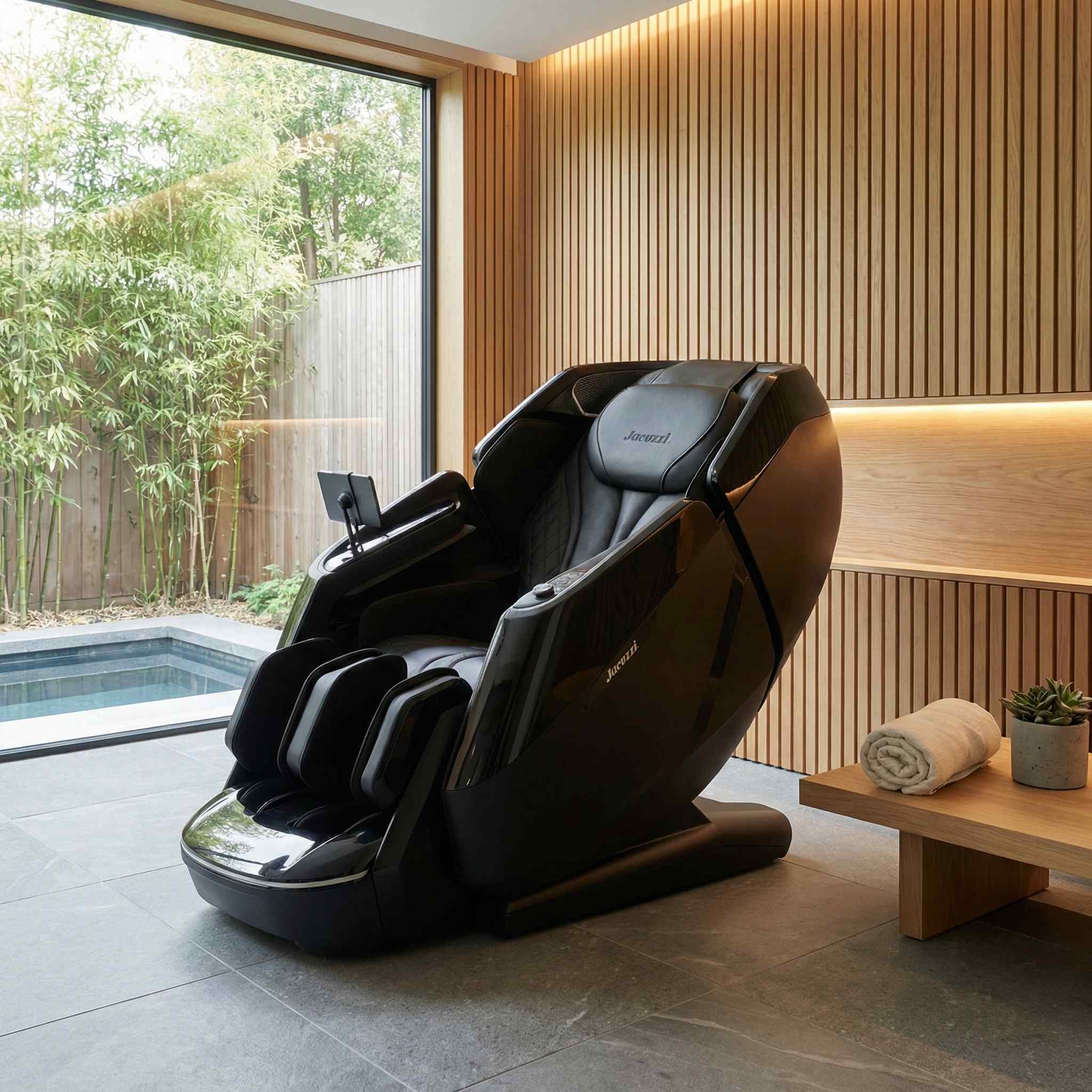 JPro704XR massage chair in a modern living room with glass pool doors