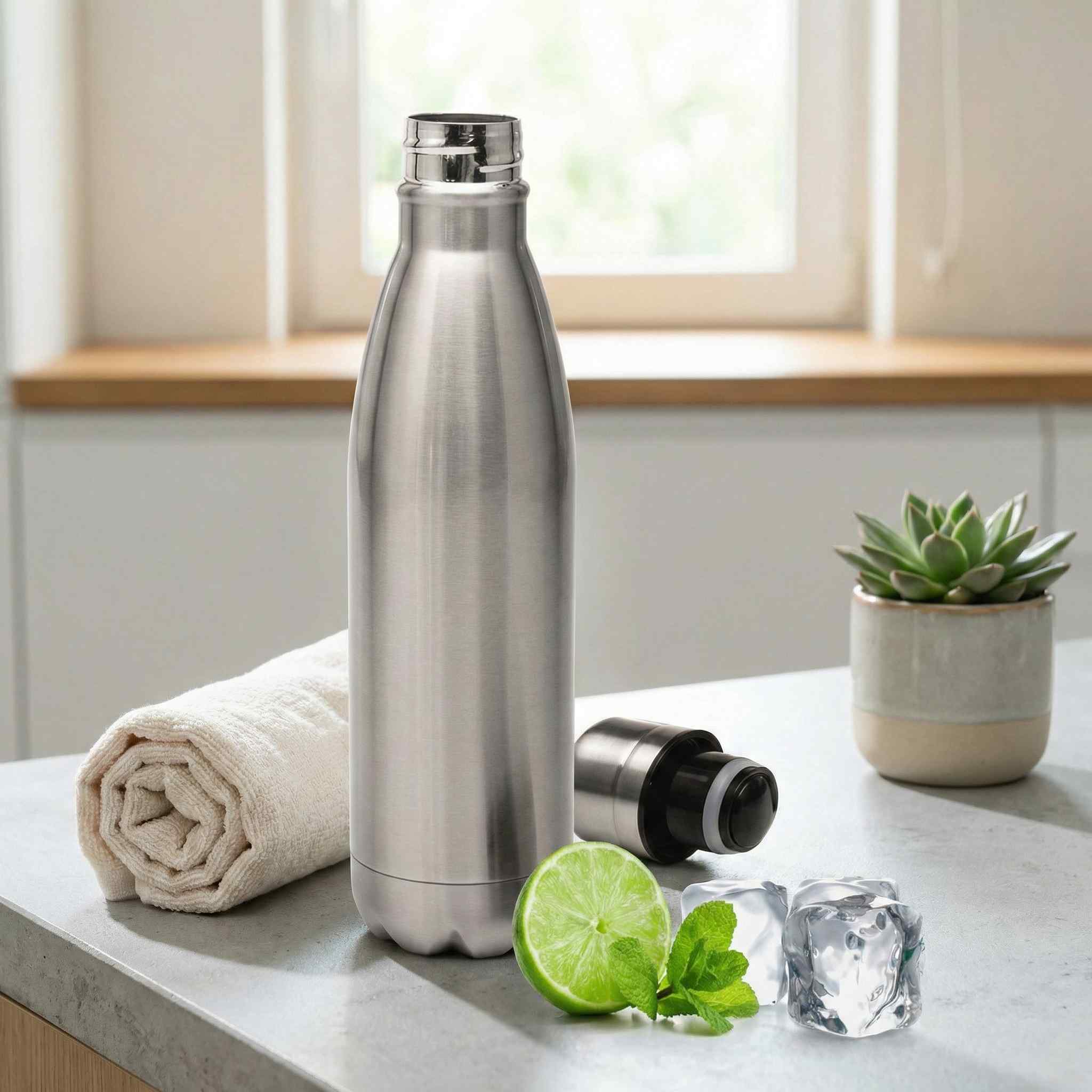 Gray Jacuzzi Stainless Steel Water Bottle on a kitchen counter