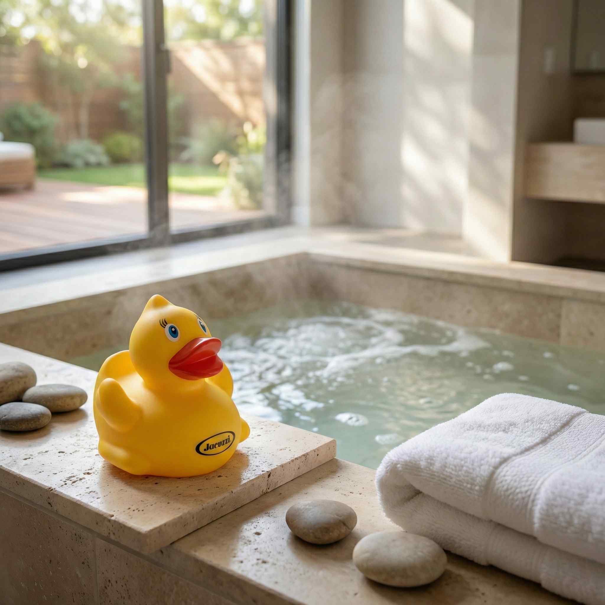 Jacuzzi Yellow rubber duck on a stone ledge next to a bathtub with bubbles, towel, and stones.