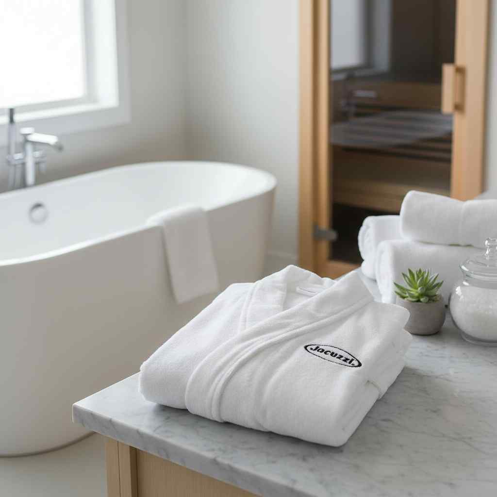 Jacuzzi spa robe and slippers laid out beside a steaming hot tub with greenery