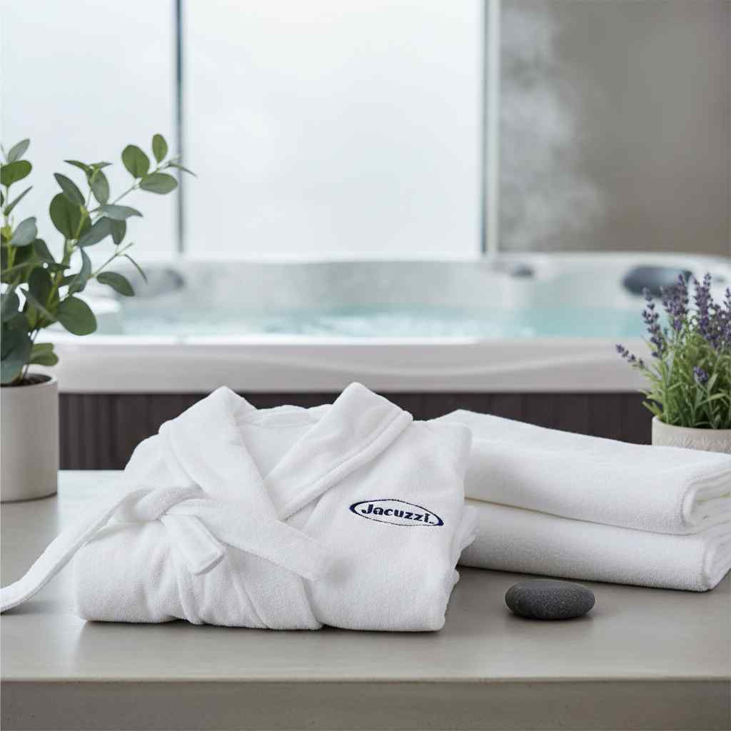Jacuzzi spa robe neatly folded with matching towels in a luxury bathroom