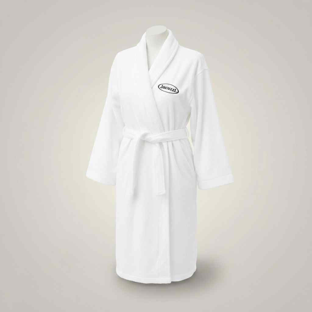 White Jacuzzi® branded spa robe with embroidered logo displayed on a hanger
