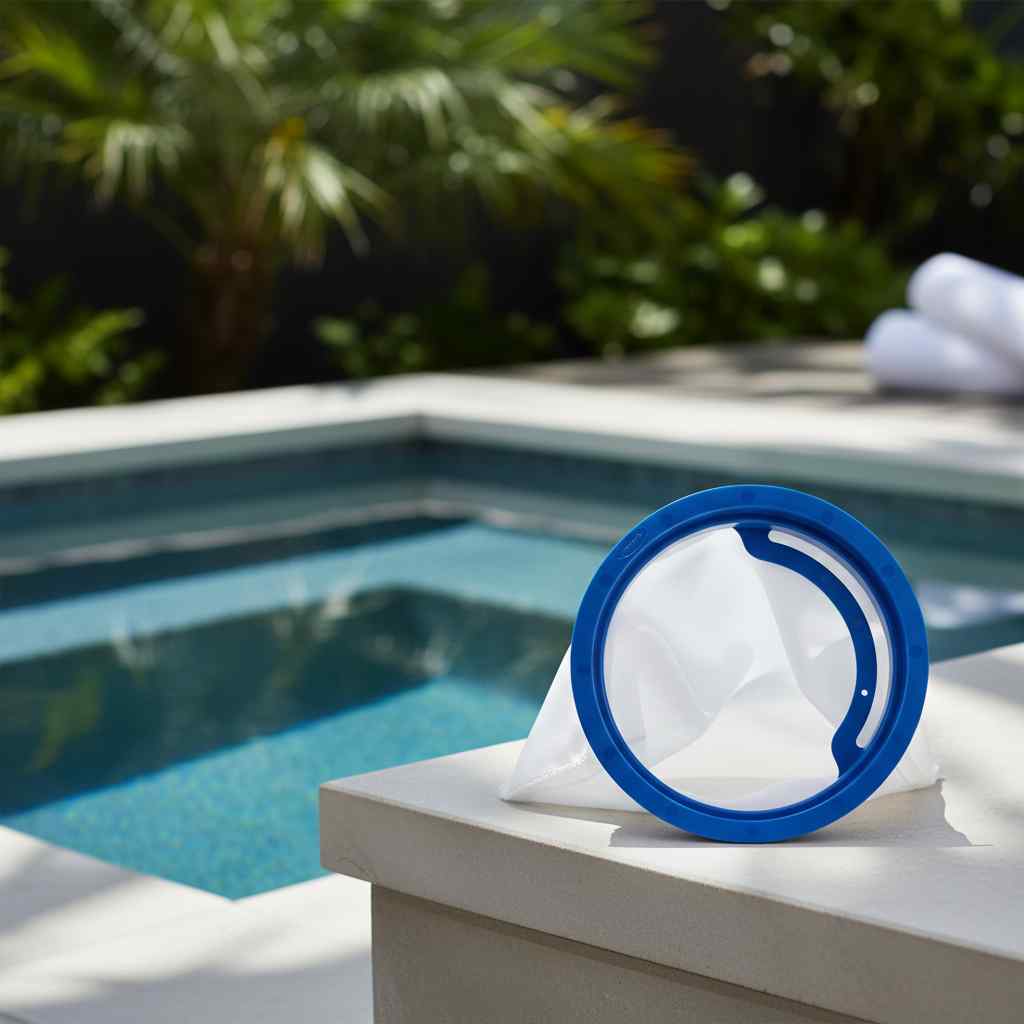 ProPolish mesh bag displayed on a stone pool deck beside a swimming pool