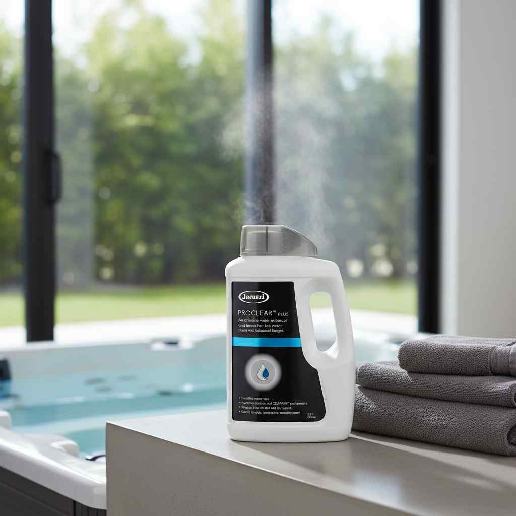 ProClear Plus jug displayed outdoors on stone beside a hot tub with dark towels