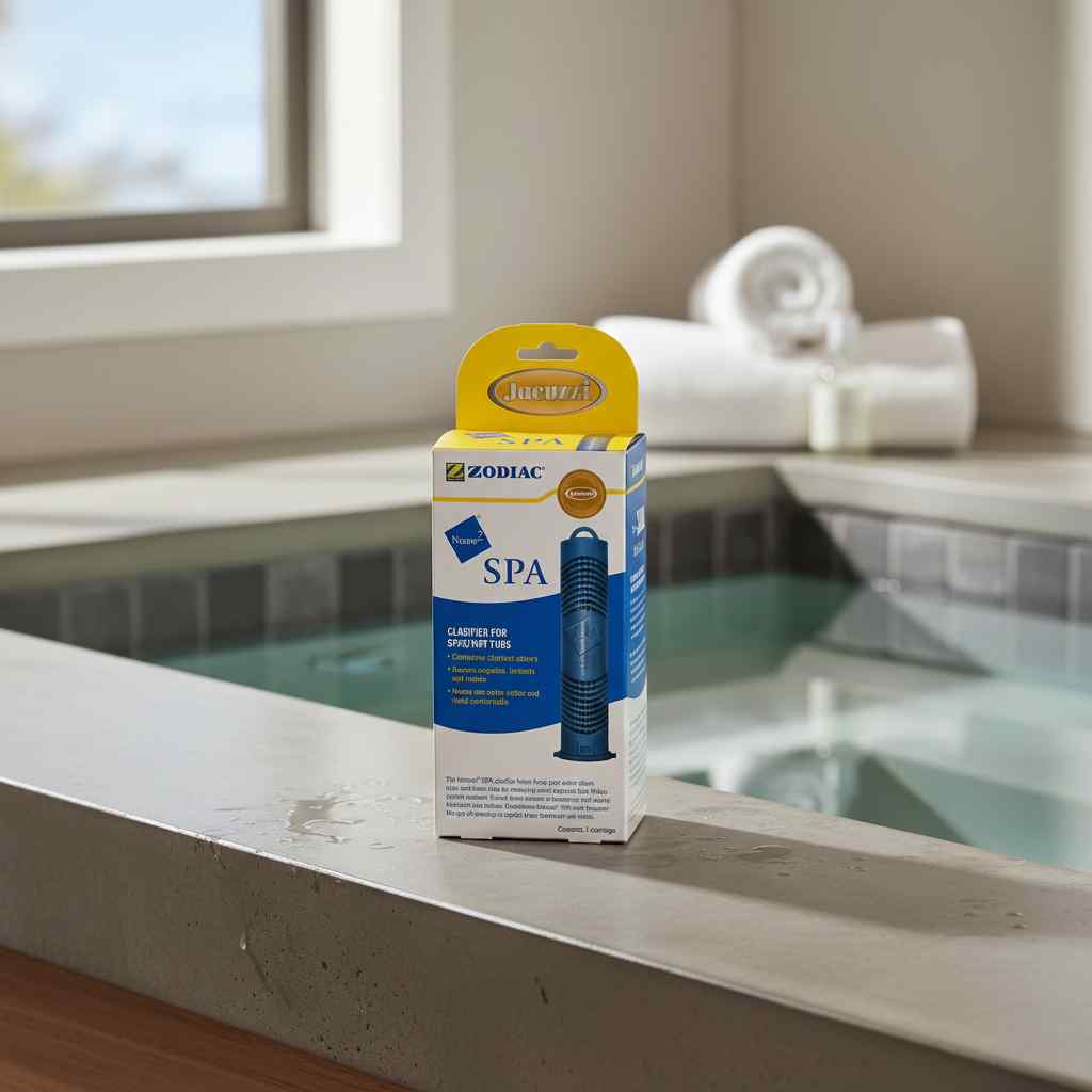 Zodiac spa filter packaging on a ledge with a pool in the background