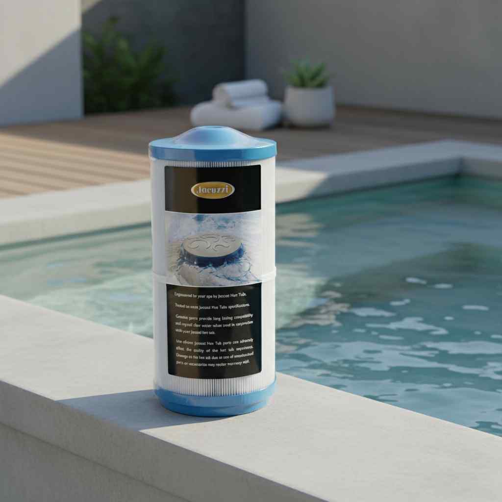 Jacuzzi ProClarity filter in packaging beside an outdoor hot tub with wooden deck surround