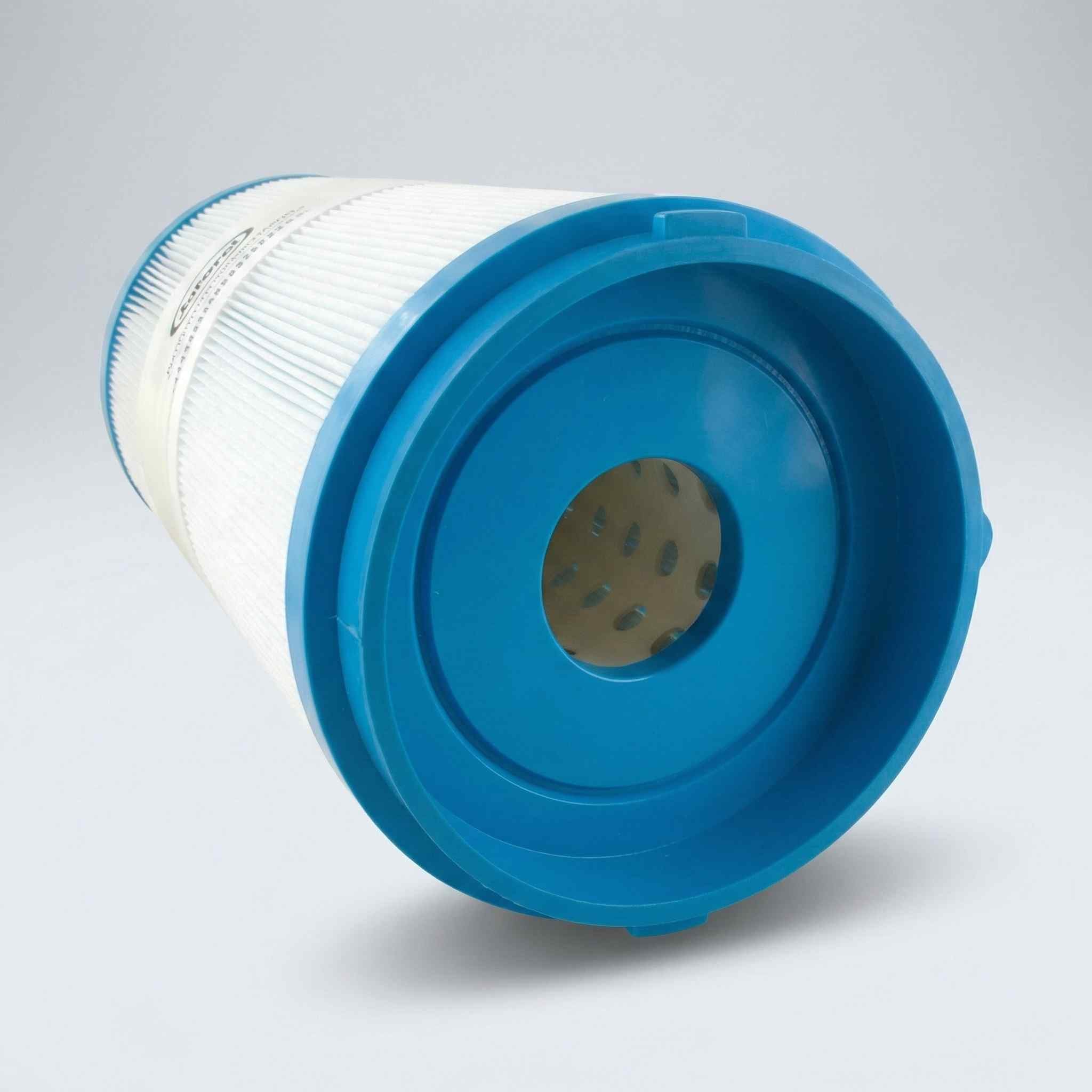 ProClarity filter internals viewed from above showing disassembled blue cap and white pleated element