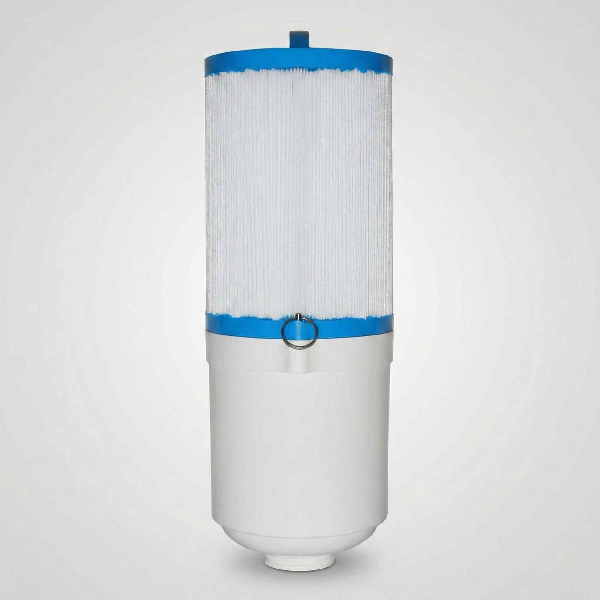 Pro-Clarity Micron filter standing upright showing white pleated body and blue end caps
