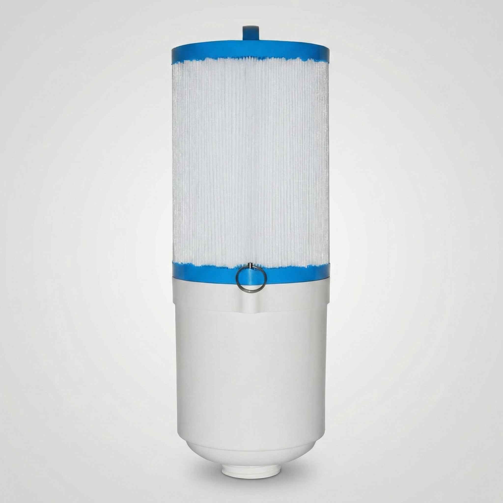 Pro-Clarity Micron filter standing upright showing white pleated body and blue end caps