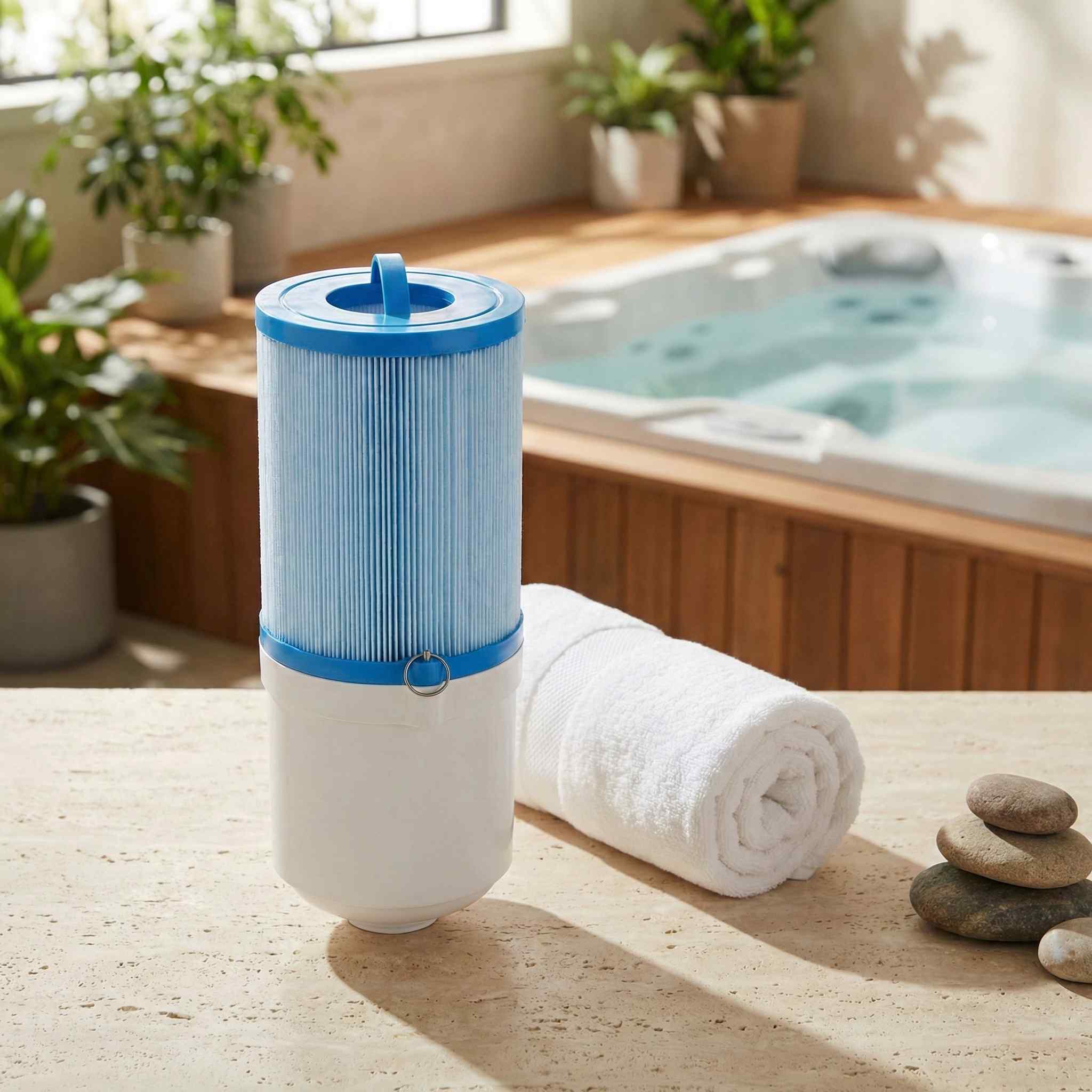 Filter cartridge with blue top and white base next to a rolled towel on a sunlit bathroom floor.
