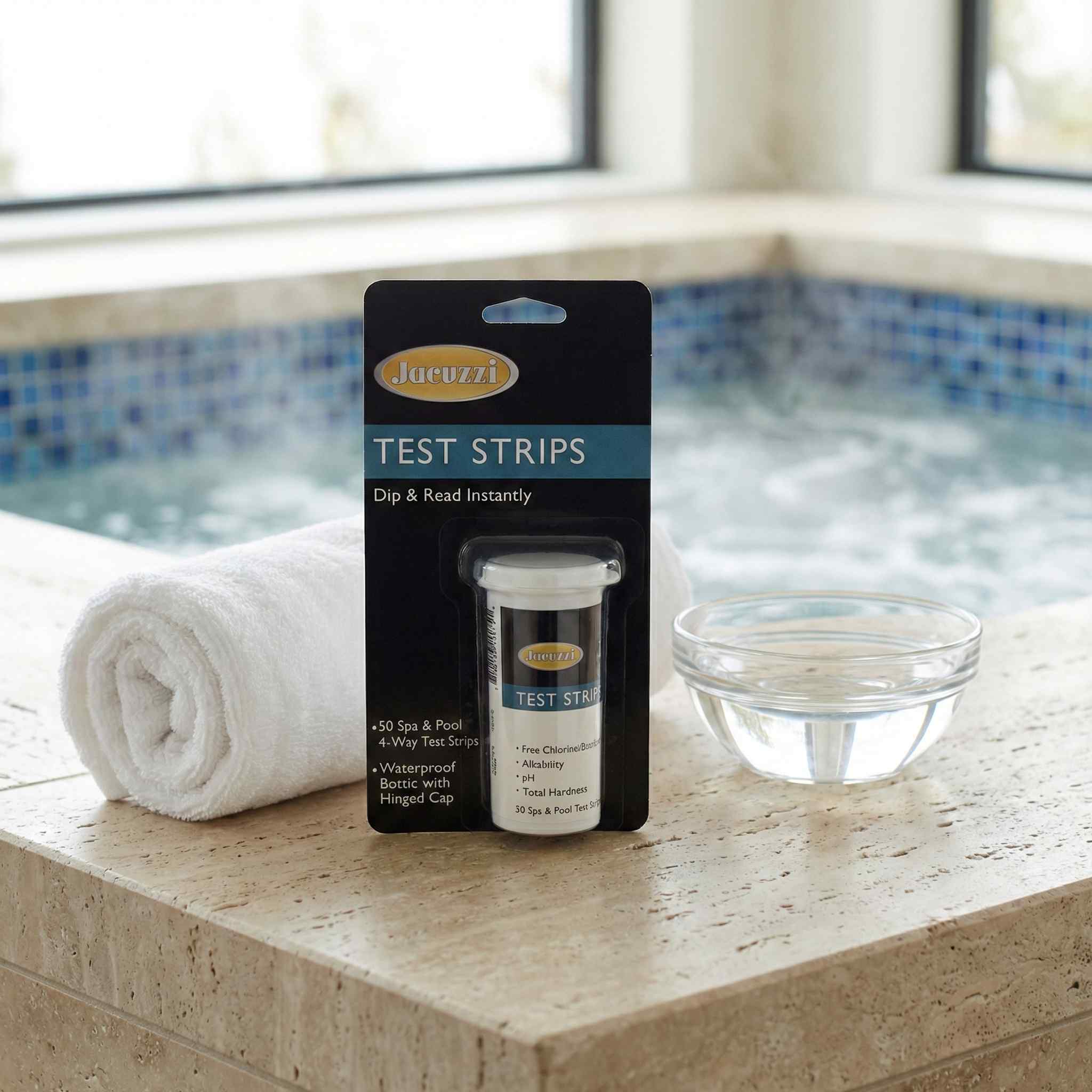 Jacuzzi test strips packaging with a pool in the background