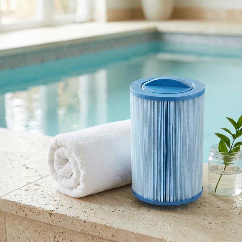 Maxx Spas filter displayed beside a swimming pool on a stone deck with towels and green plants