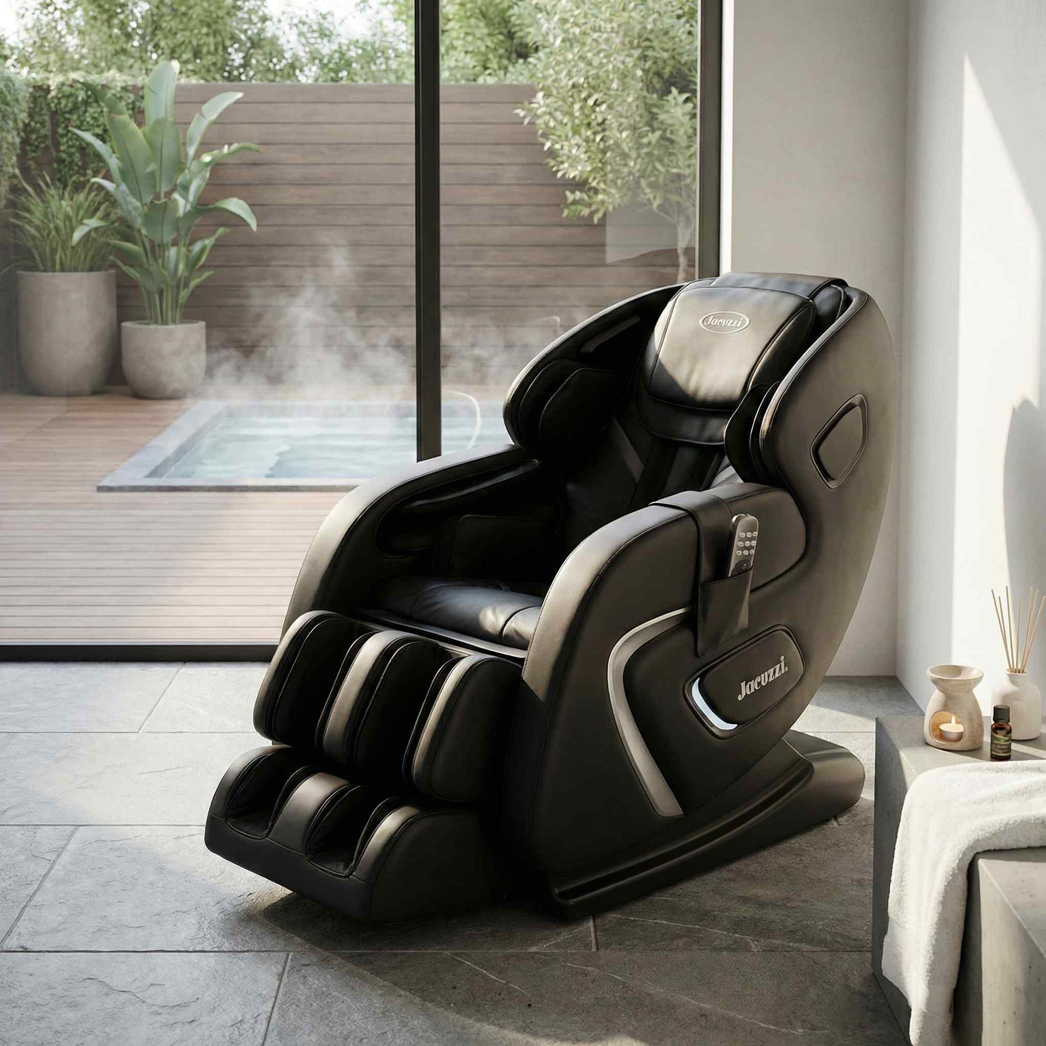  Jacuzzi massage chair displayed in a modern living space with glass doors and pool view