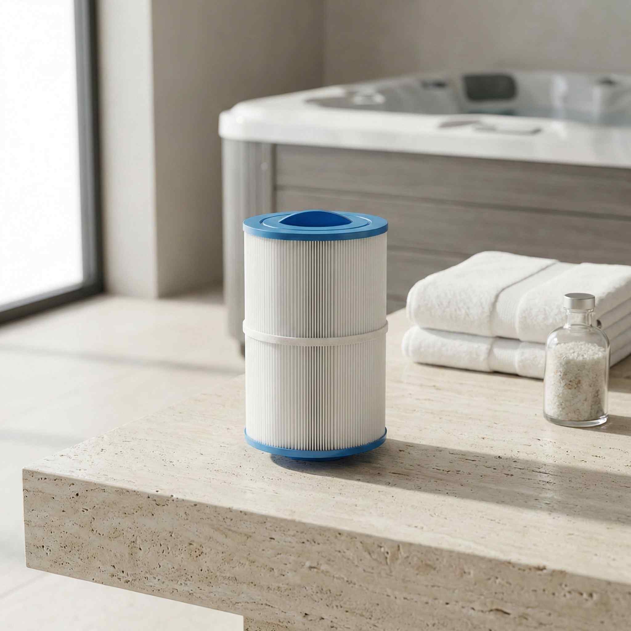 ProClear filter cartridge on a modern console table beside a hot tub with folded towels