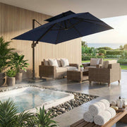 Jacuzzi® Umbrella Articulating Square Black fully open over lounge furniture beside a pool