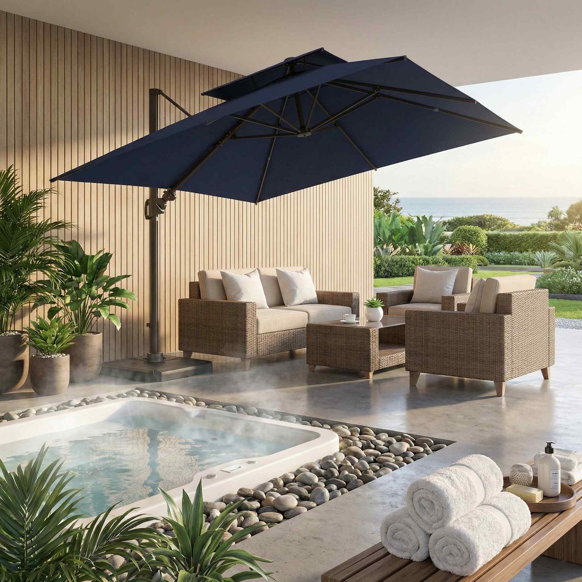 Jacuzzi® Umbrella Articulating Square Black fully open over lounge furniture beside a pool