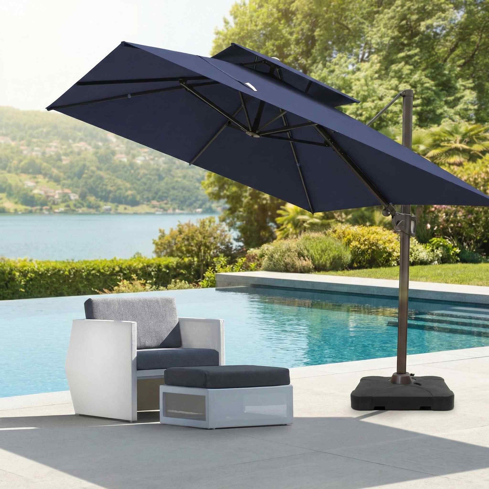 Jacuzzi® J-300S 2020 Exterior Light Full Kit over outdoor furniture by a pool with a scenic background