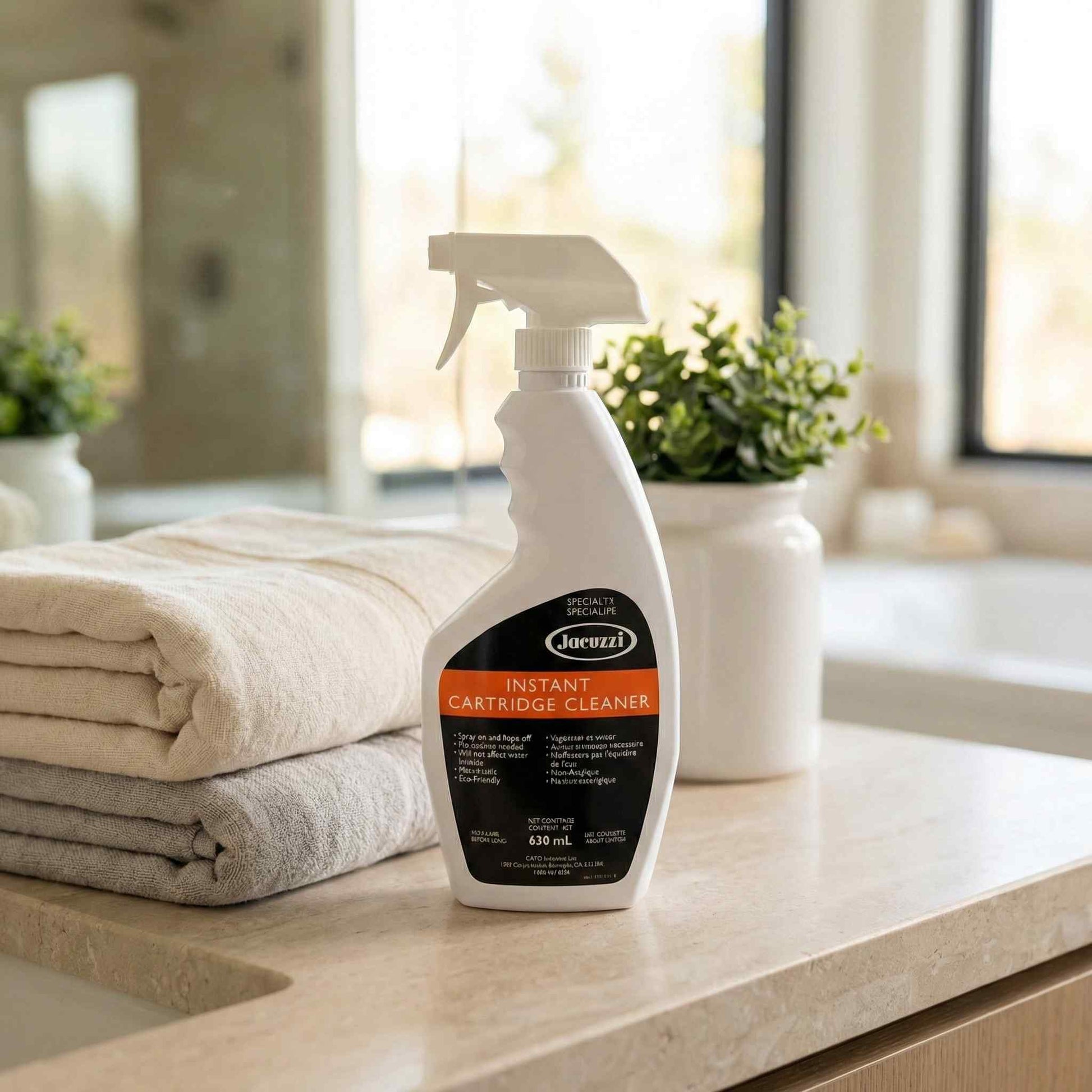 Jacuzzi Instant Cartridge Cleaner bottle on a kitchen counter with towels and plants in the background