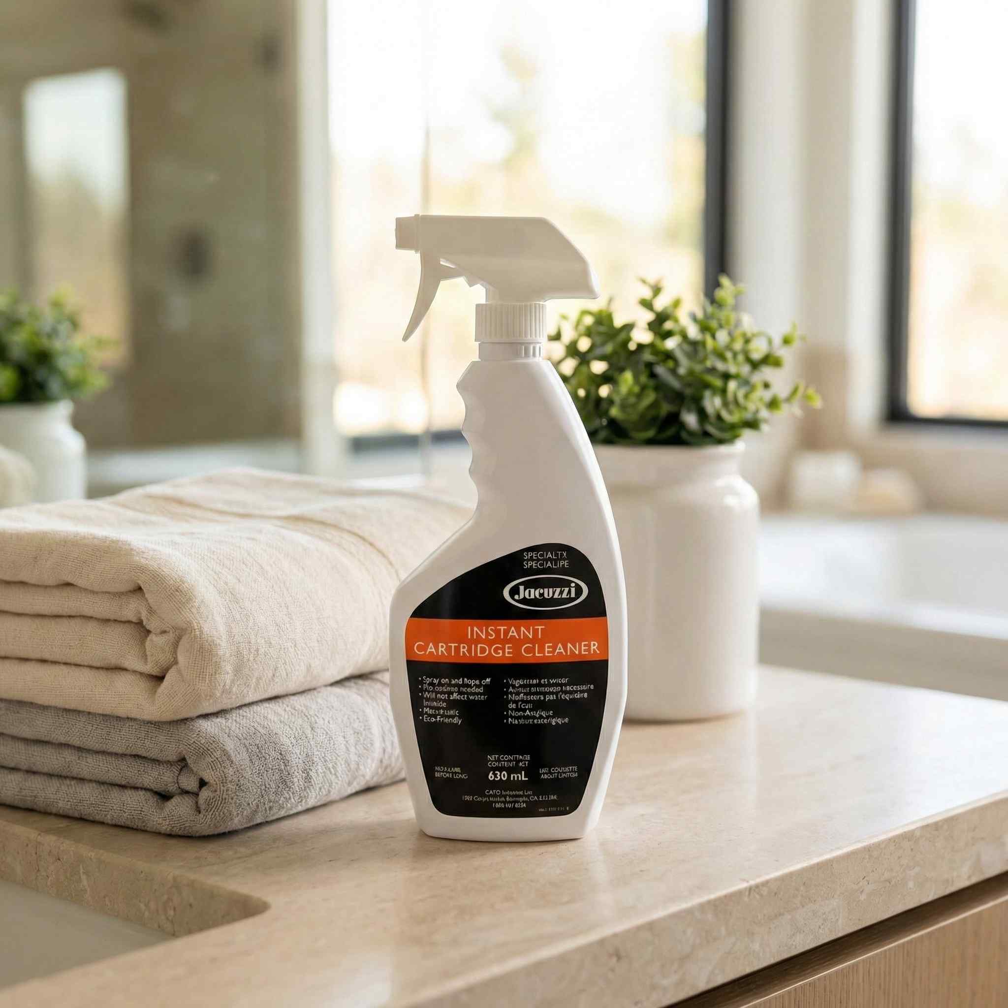 Jacuzzi Instant Cartridge Cleaner bottle on a kitchen counter with towels and plants in the background