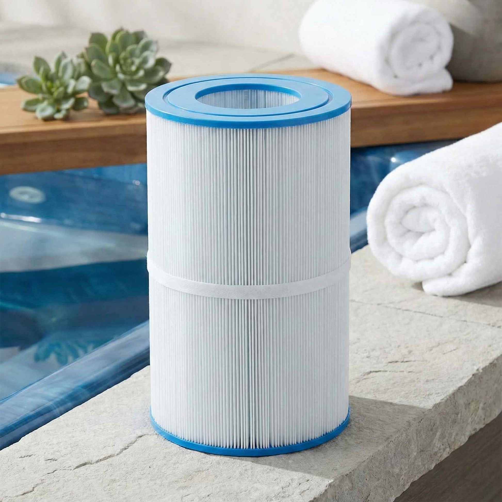 Oval Jacuzzi filter cartridge displayed in a spa setting with plants and succulents
