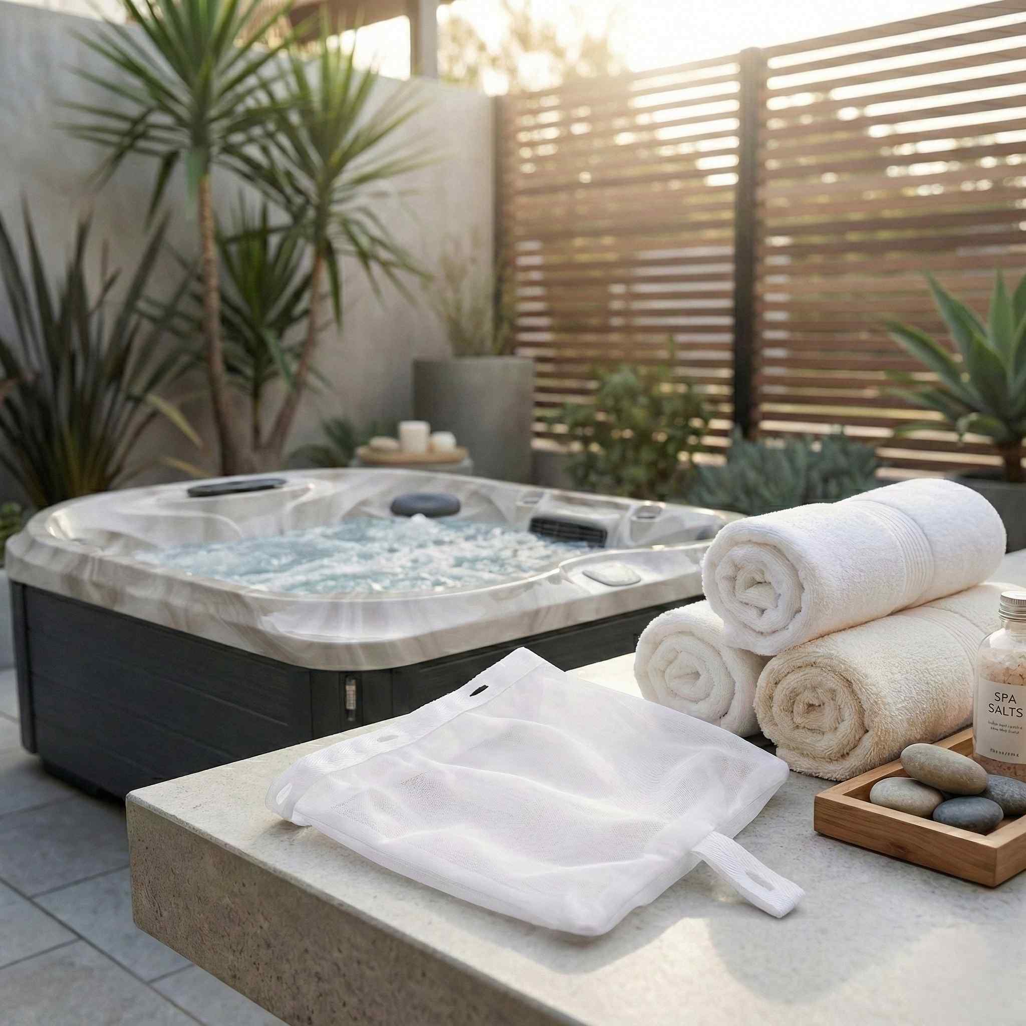 Debris trap displayed beside a covered hot tub with towels in an outdoor lifestyle setting