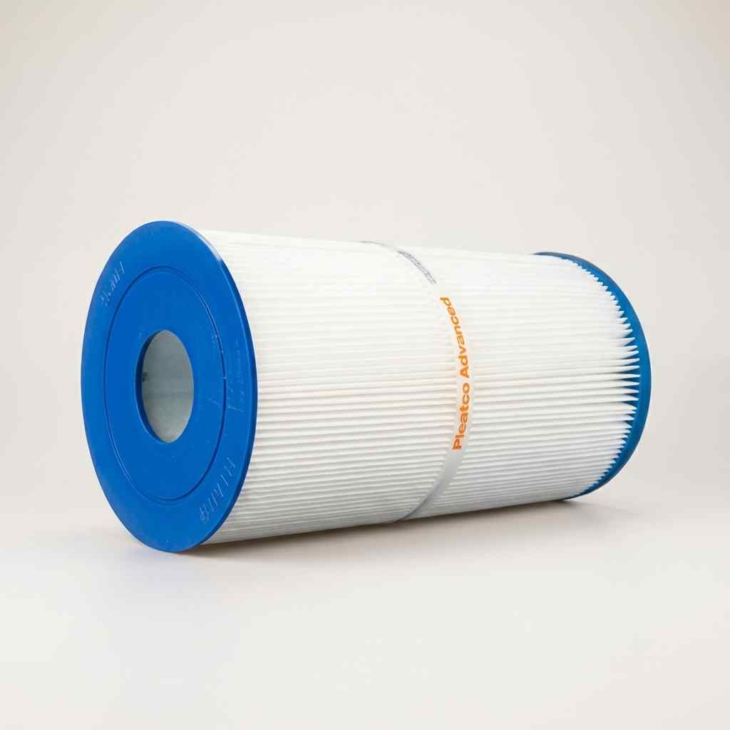 Pleatco Advanced tall cylindrical PWK30 hot tub replacement filter laid on its side showing the full length of pleated media and blue stripe