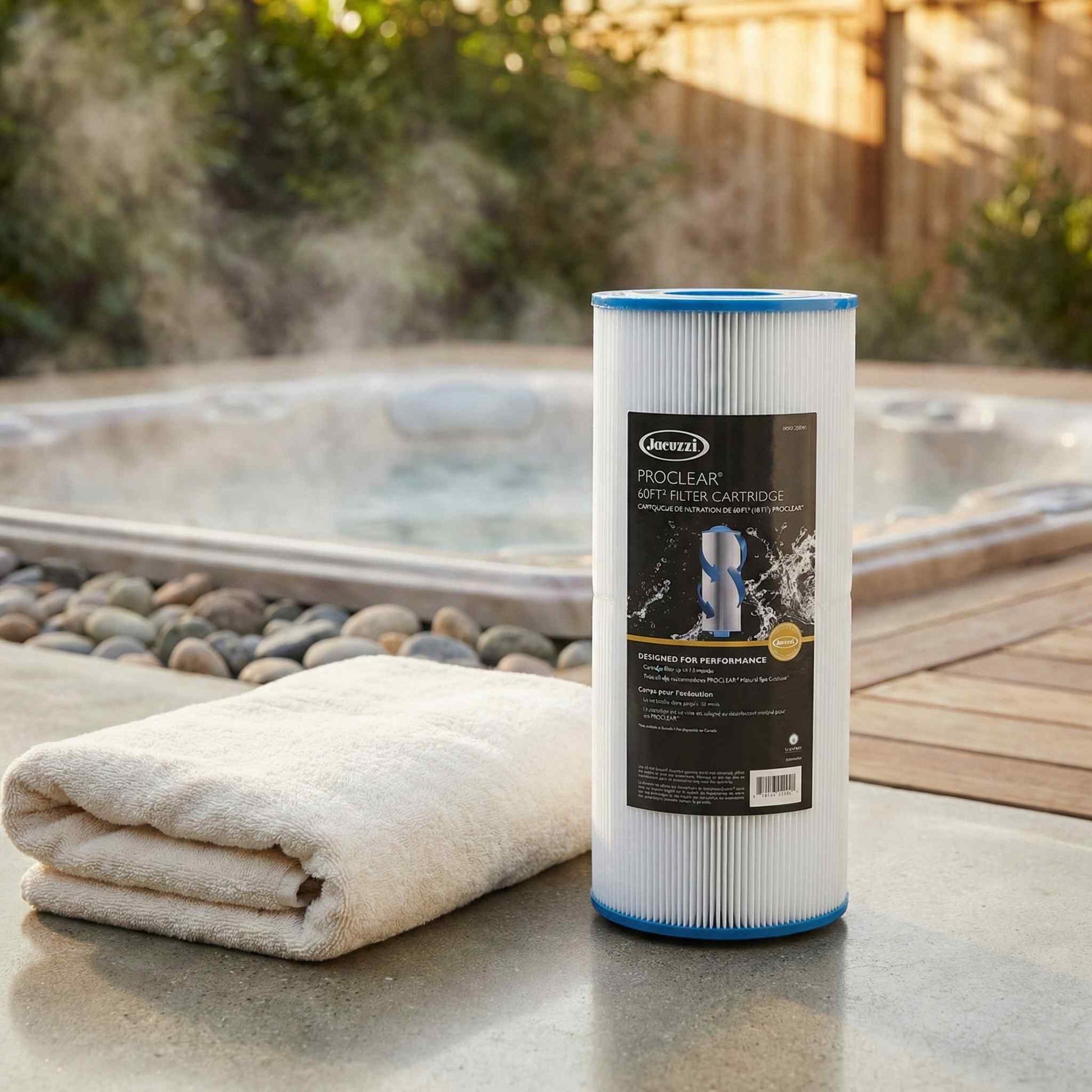 Jacuzzi ProClear 60 sq ft filter cartridge displayed beside a hot tub in an outdoor backyard with fence