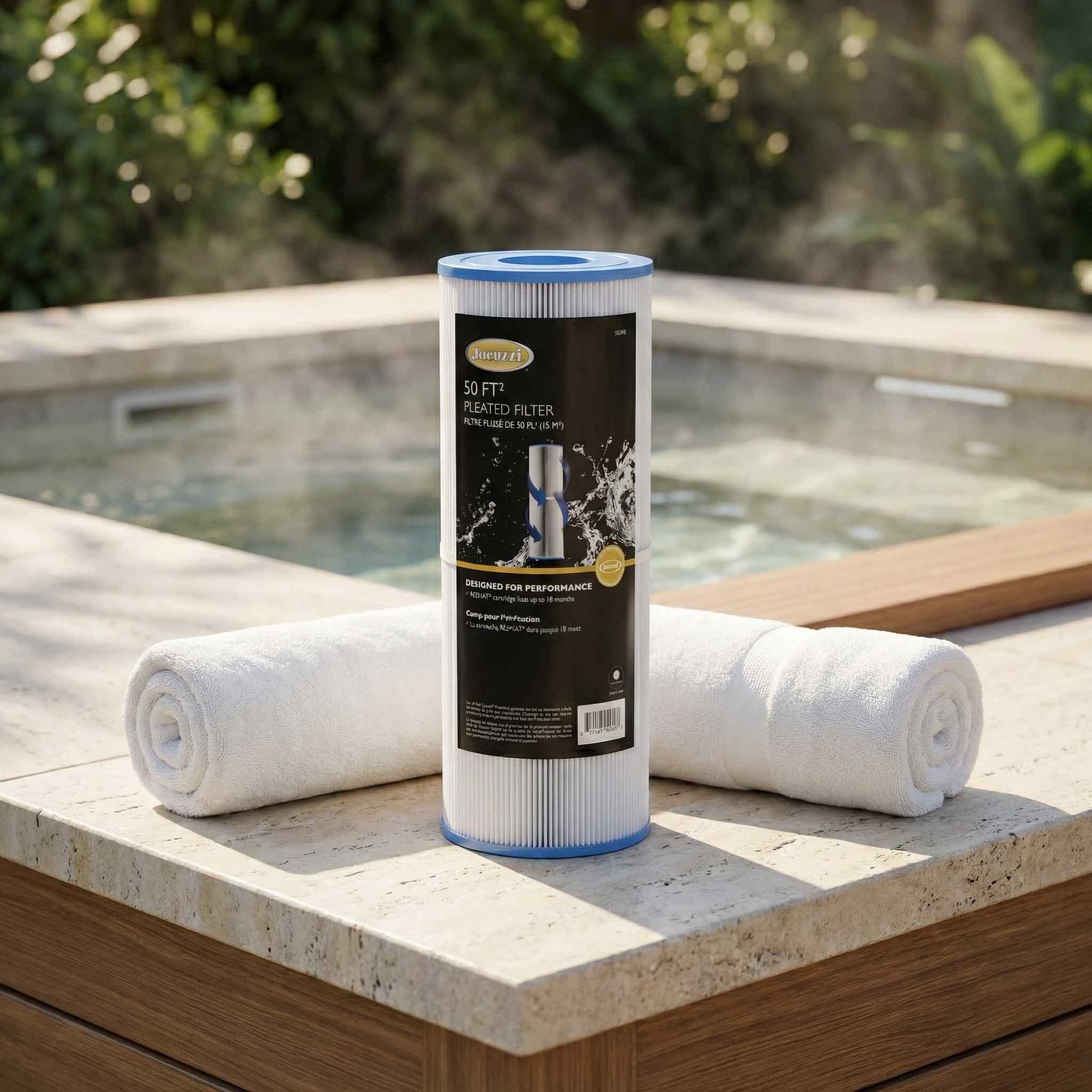 Jacuzzi® 50sqft 200 Series Filter displayed near a hot tub with folded white towels
