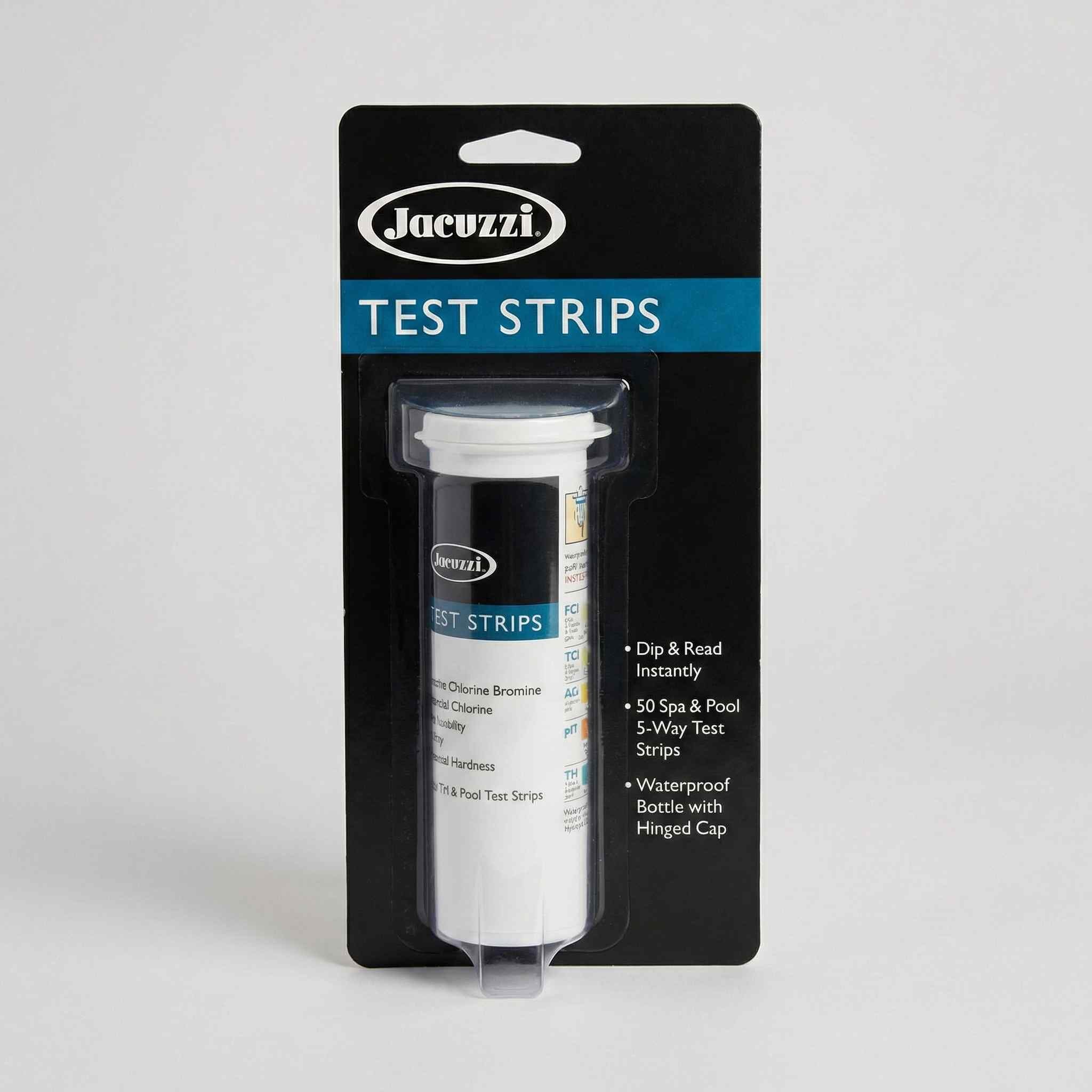 Jacuzzi 5-Way Test Strips in sealed blister pack with blue and white label on white background