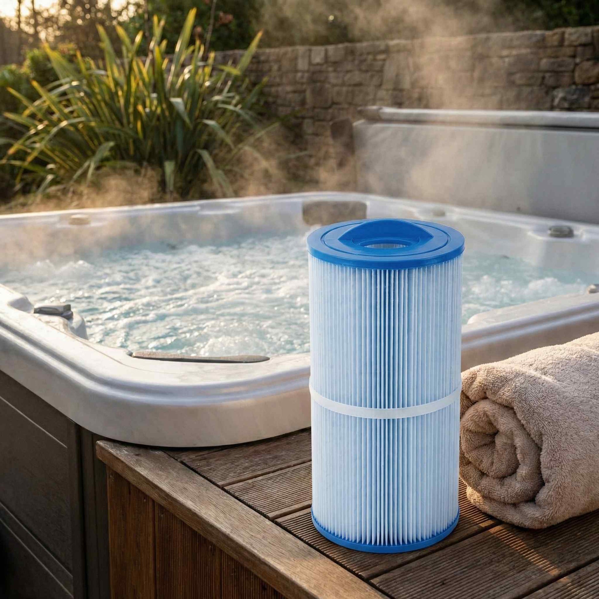 Jacuzzi 45 sq ft filter beside an outdoor hot tub with wooden deck and towels