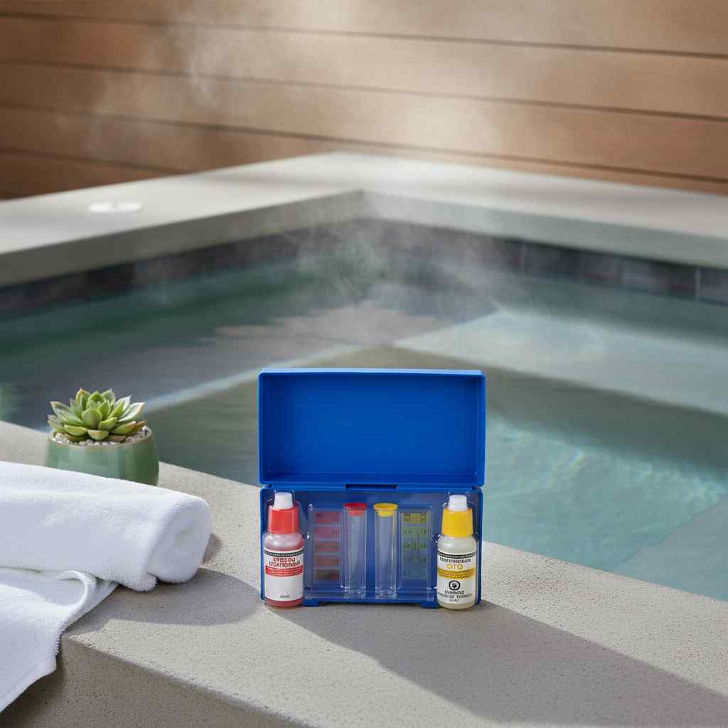 Drop Test Kit for Hot Tubs displayed on a patio ledge beside a hot tub in a lifestyle setting