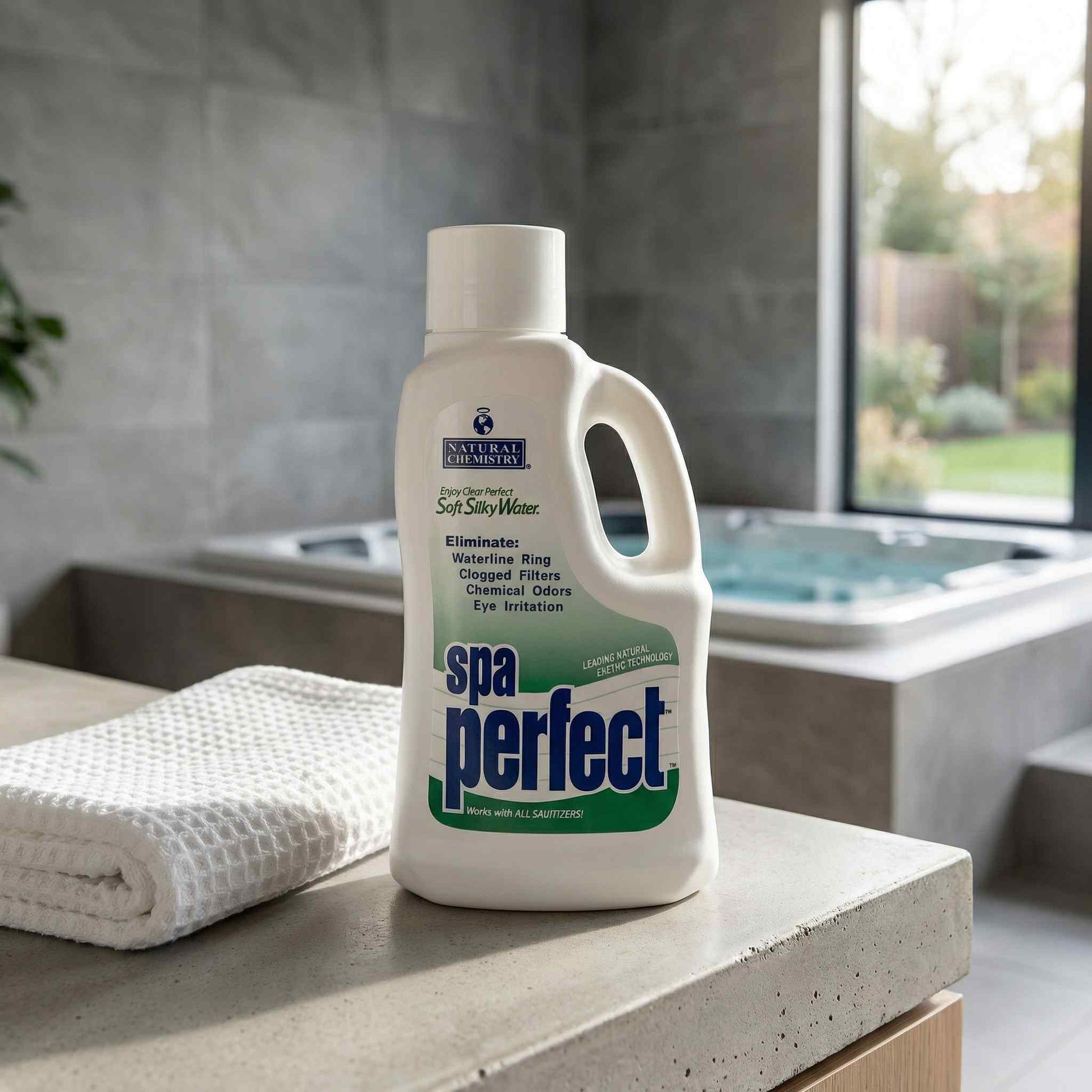 Bottle of spaPerfect product on a ledge with a hot tub in the background