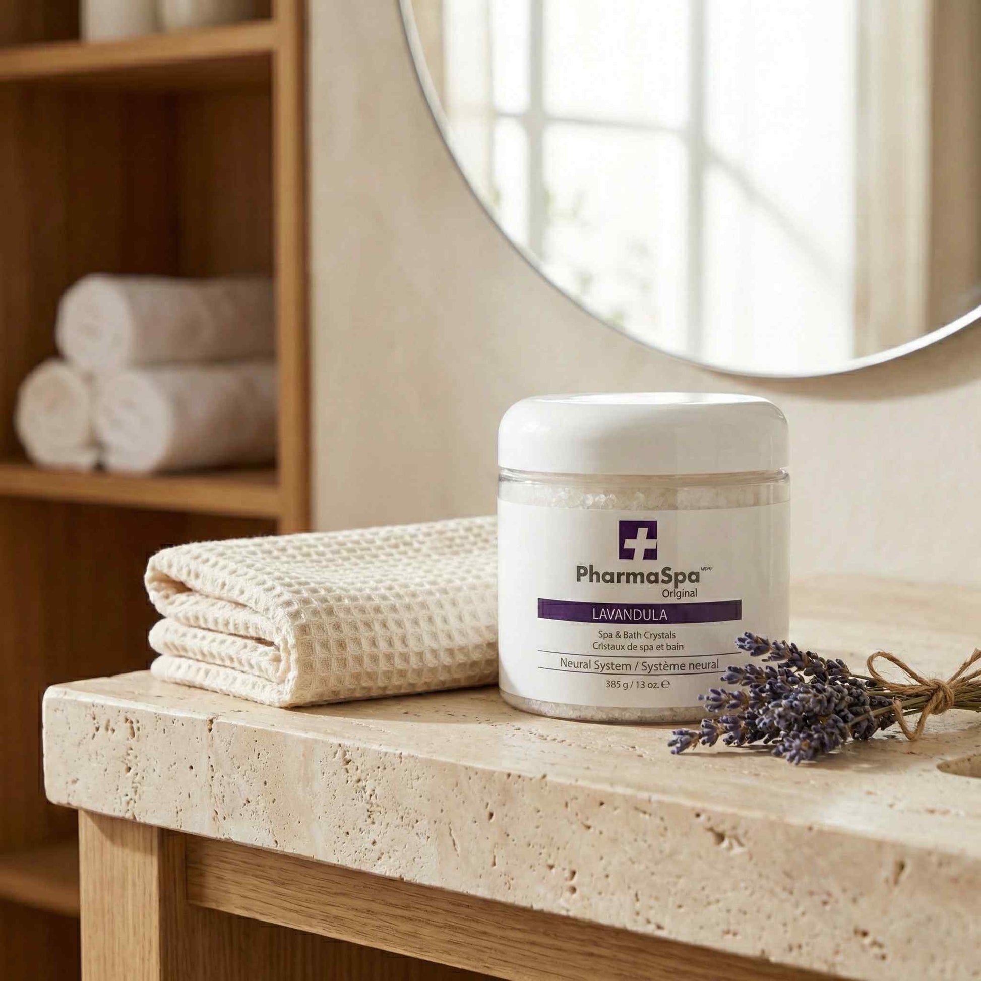 White jar of PharmaSpa Lavandula spa crystals displayed with dried lavender sprigs and soft towels on a shelf