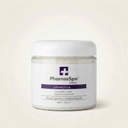 White jar of PharmaSpa Lavandula spa crystals with purple label for relaxation