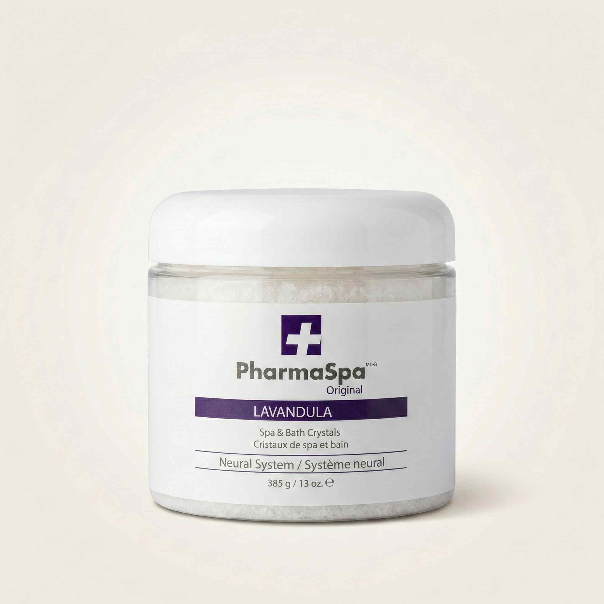White jar of PharmaSpa Lavandula spa crystals with purple label for relaxation