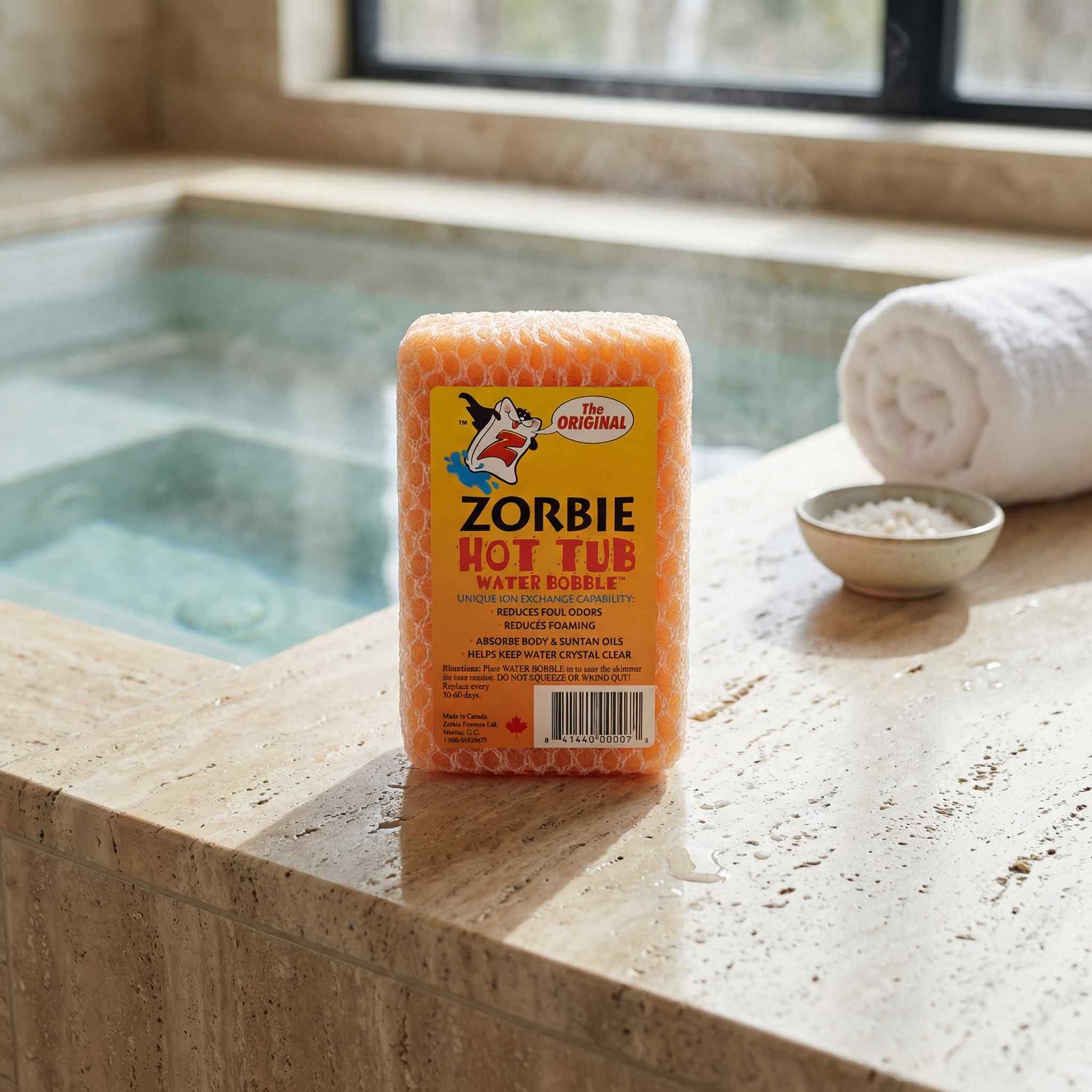 Zorbie Hot Tub Bubble block on a ledge with a hot tub in the background