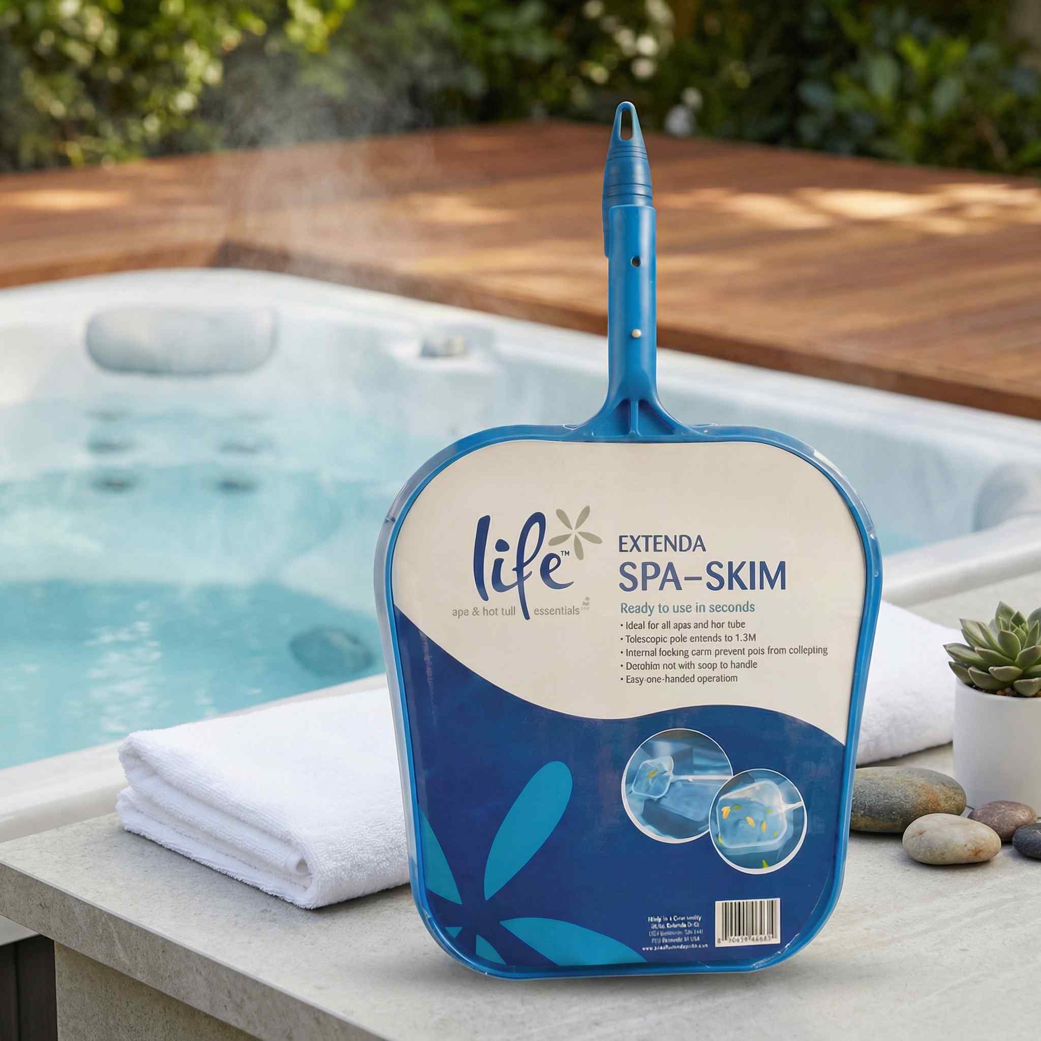 CapO Spa Skim Extenda Net – Hot Tub Surface Skimmer in a hot tub setting