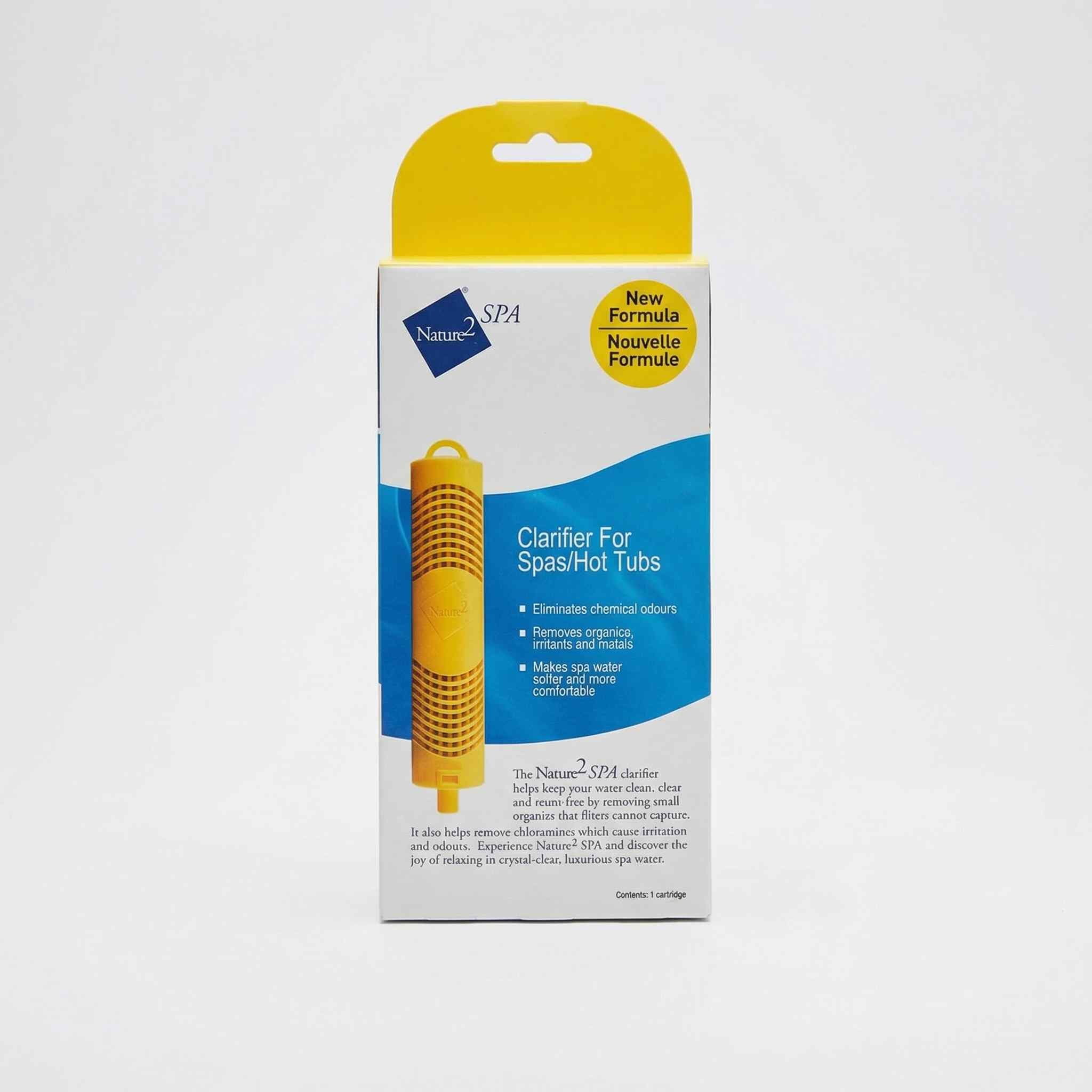 Package of Natura2 Spa clarifier for spas and hot tubs on a white background