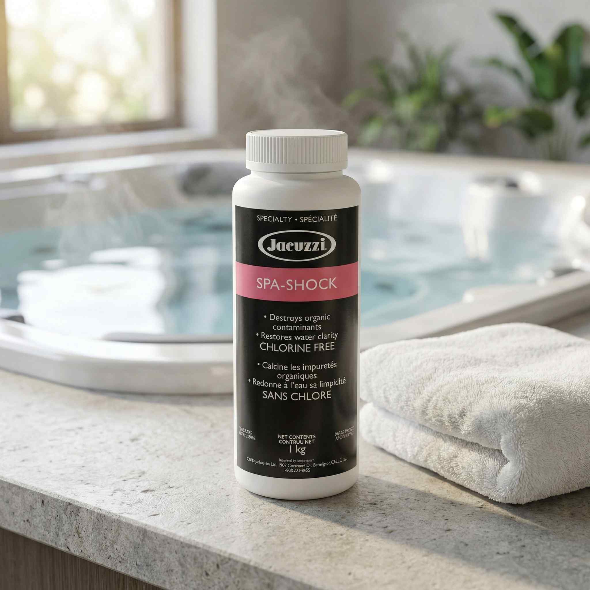 Jacuzzi Spa-Shock bottle on a counter with a hot tub in the background