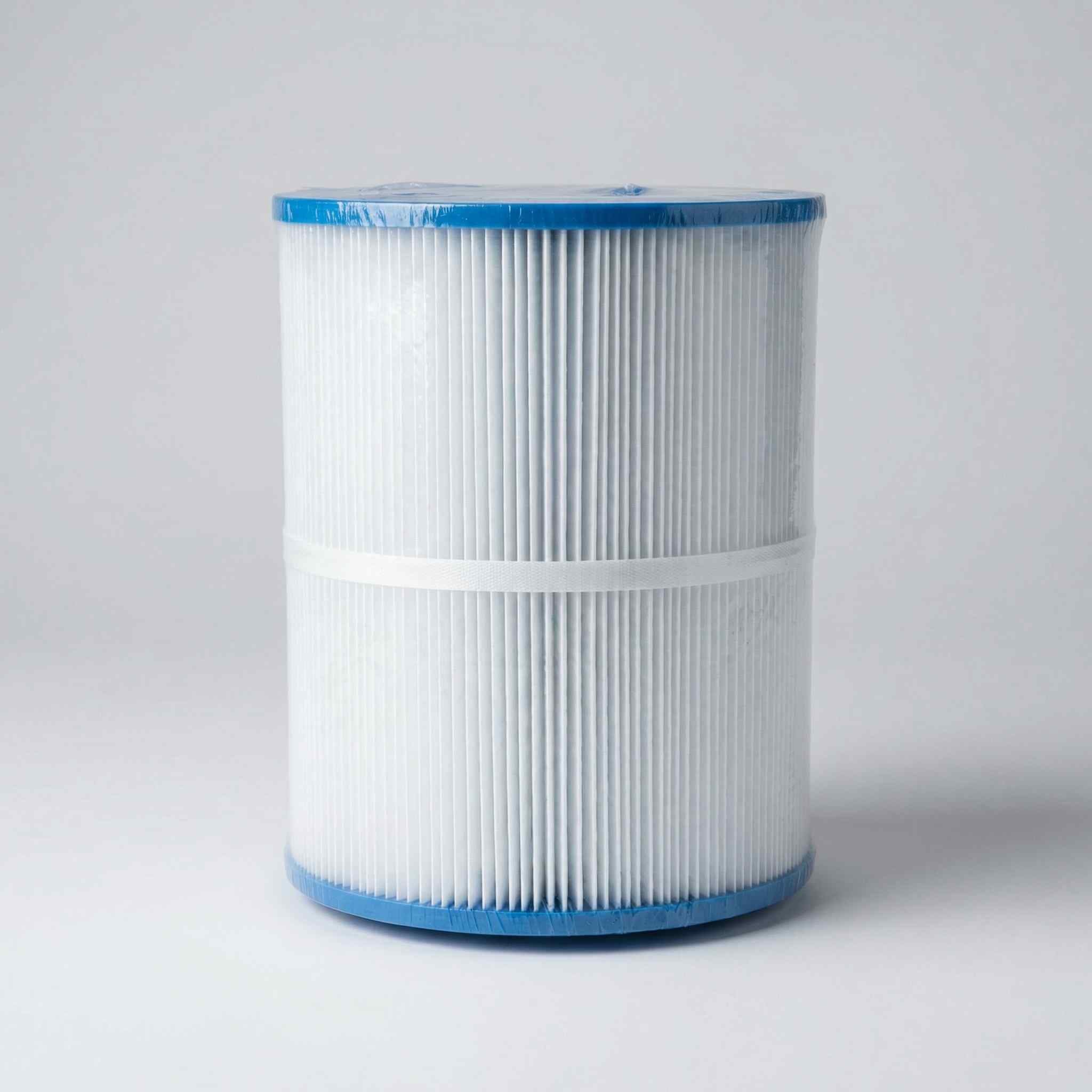 Cylindrical filter cartridge with blue rim on a gray background