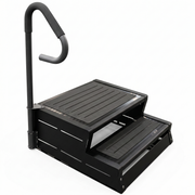 Black step stool with a handle on a white background