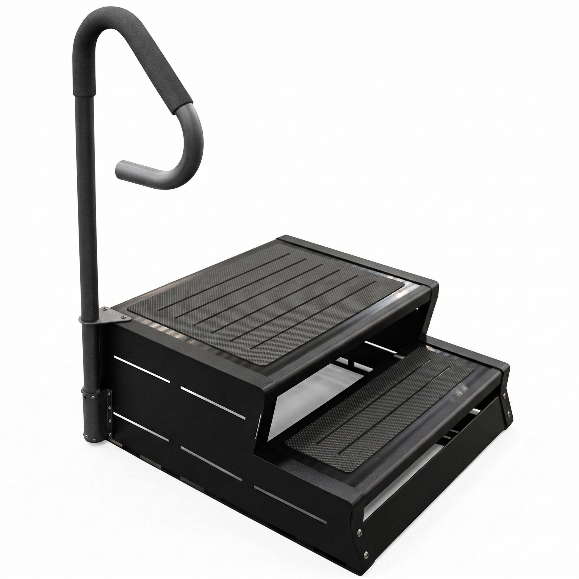 Black step stool with a handle on a white background