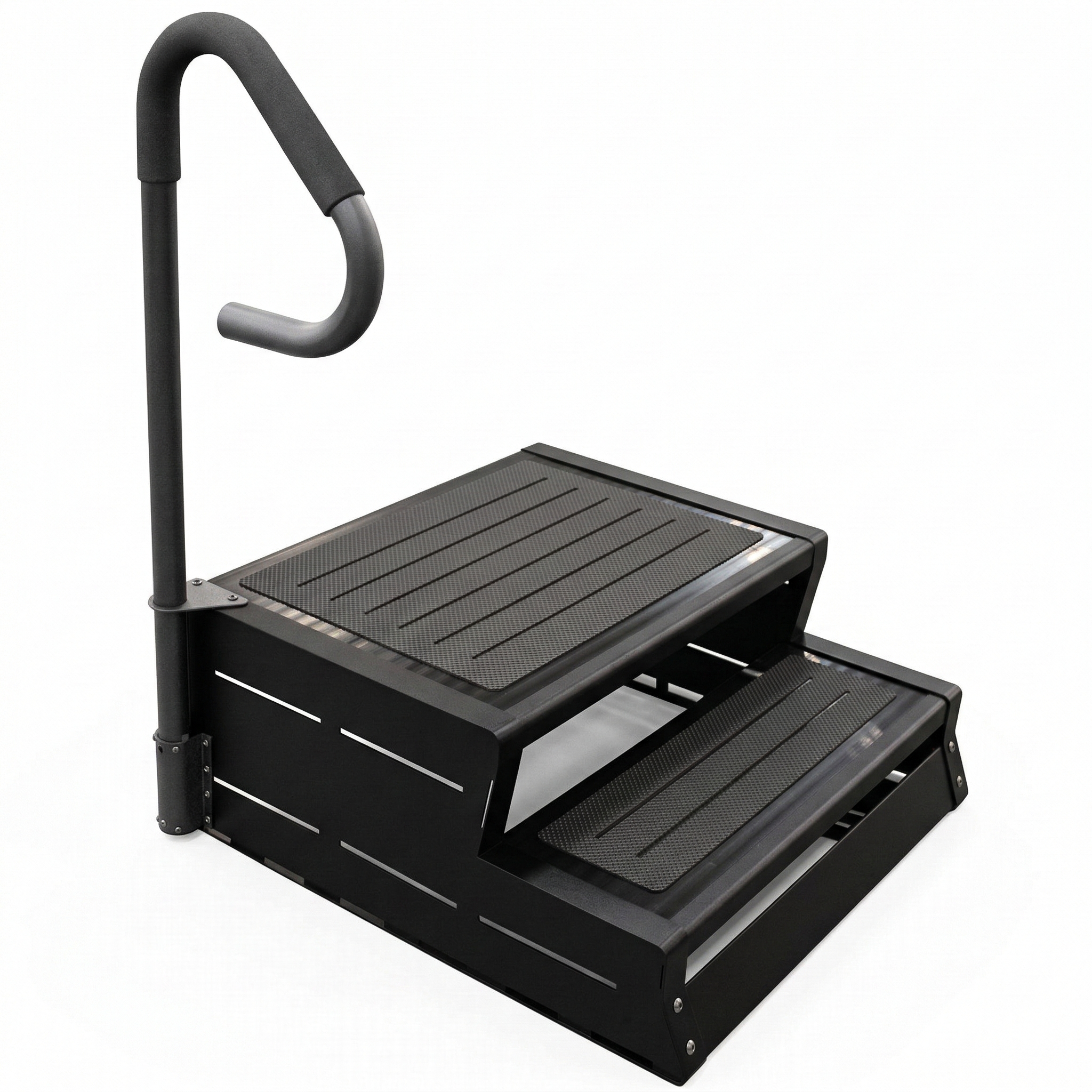 Black step stool with a handle on a white background