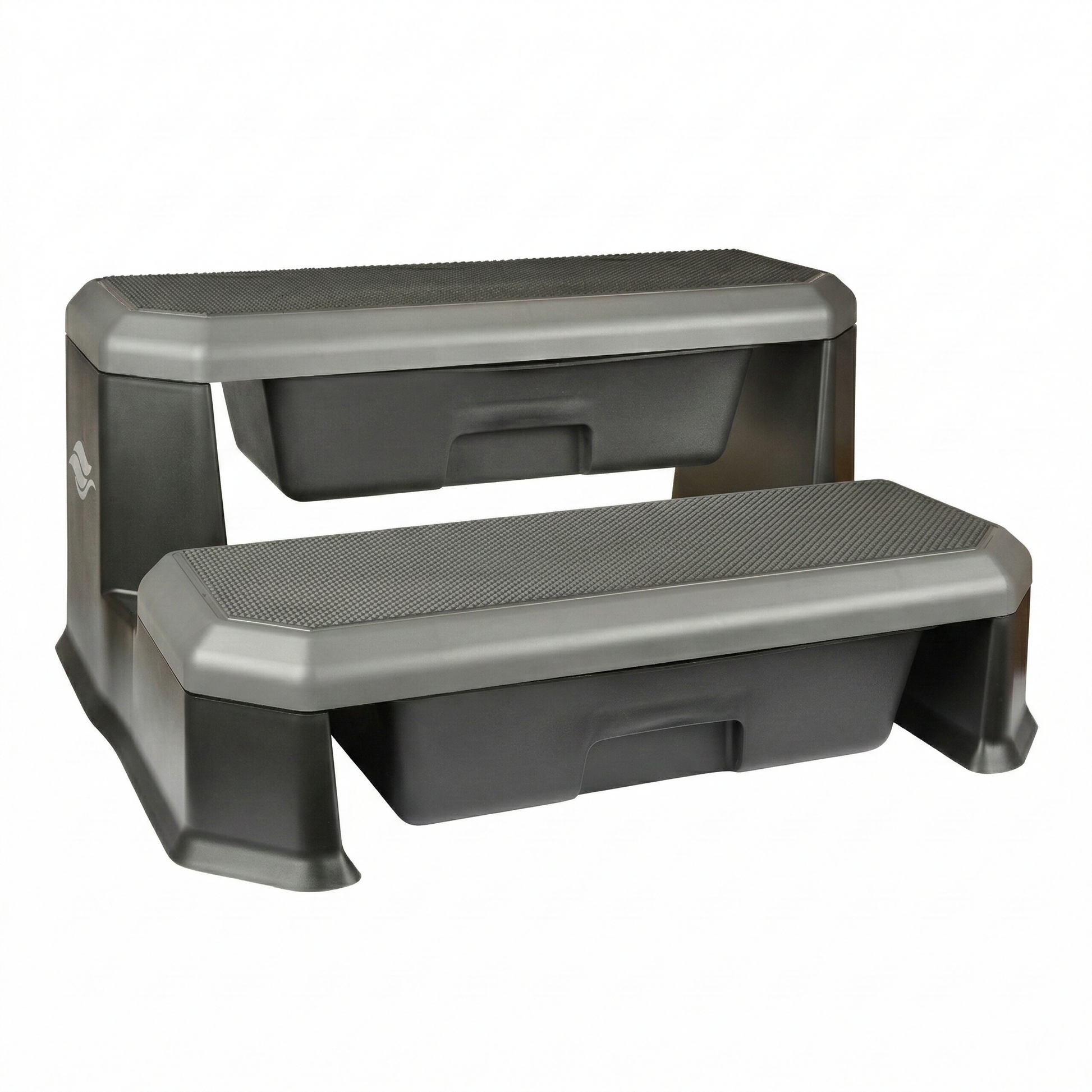 Two gray step stools on a white background